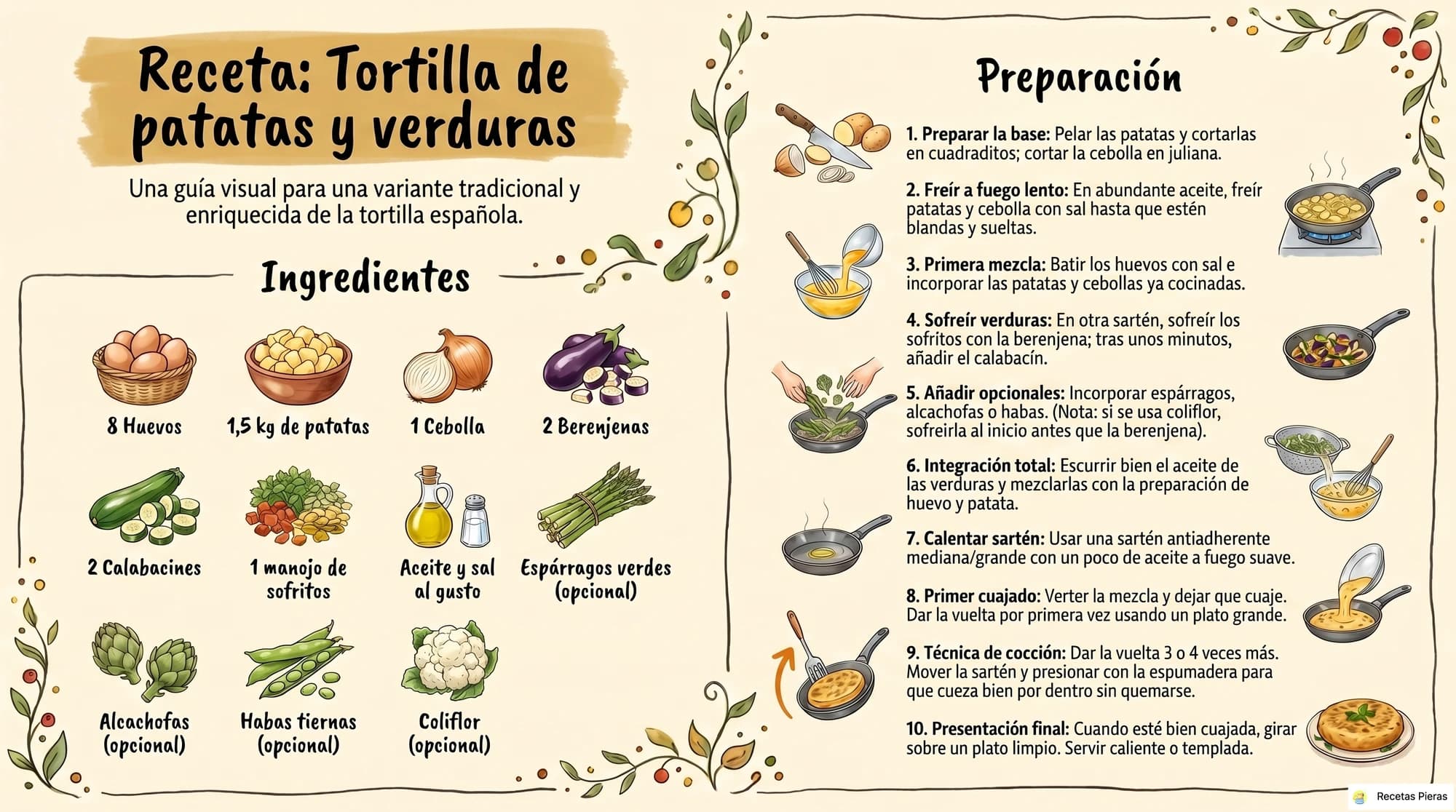 Infografía con los ingredientes y la preparación de Tortilla de patatas y verduras
