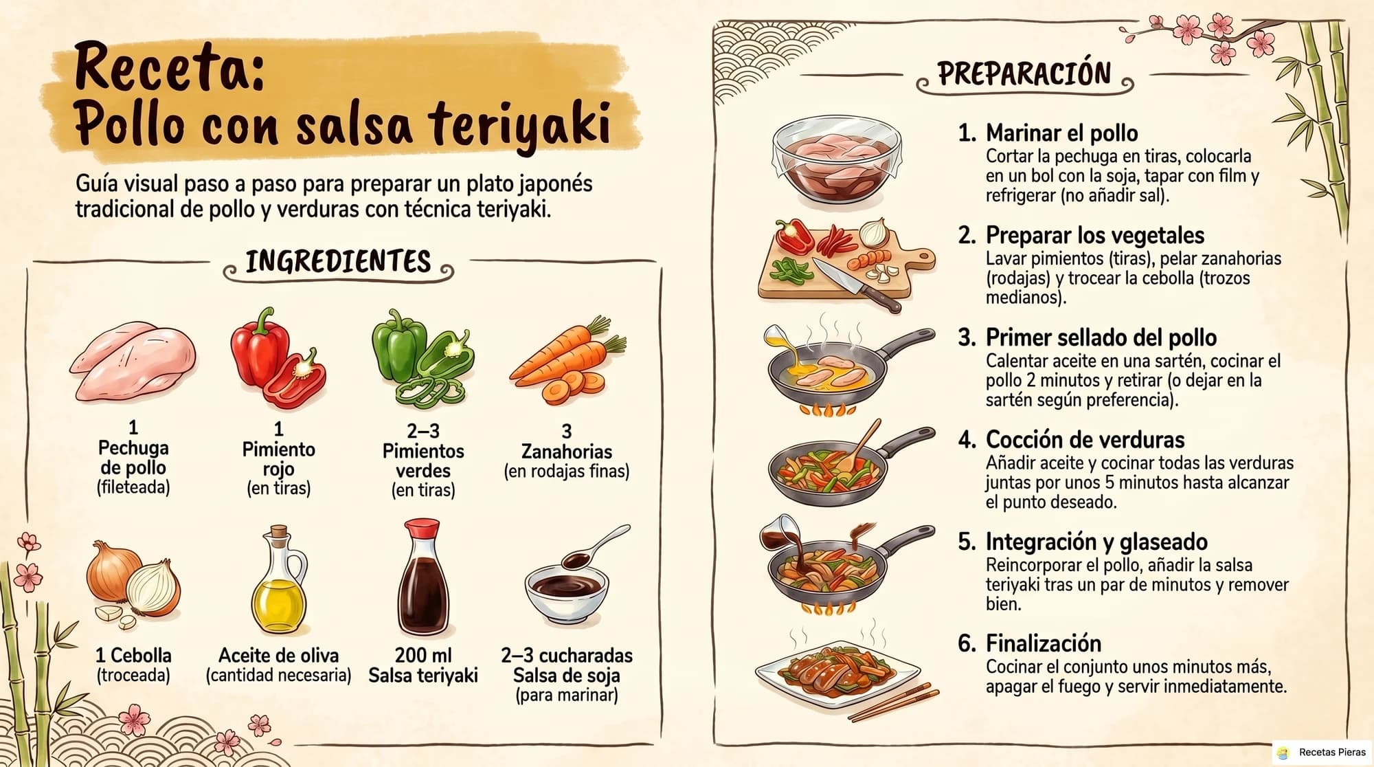 Infografía con los ingredientes y la preparación de Pollo con salsa teriyaki