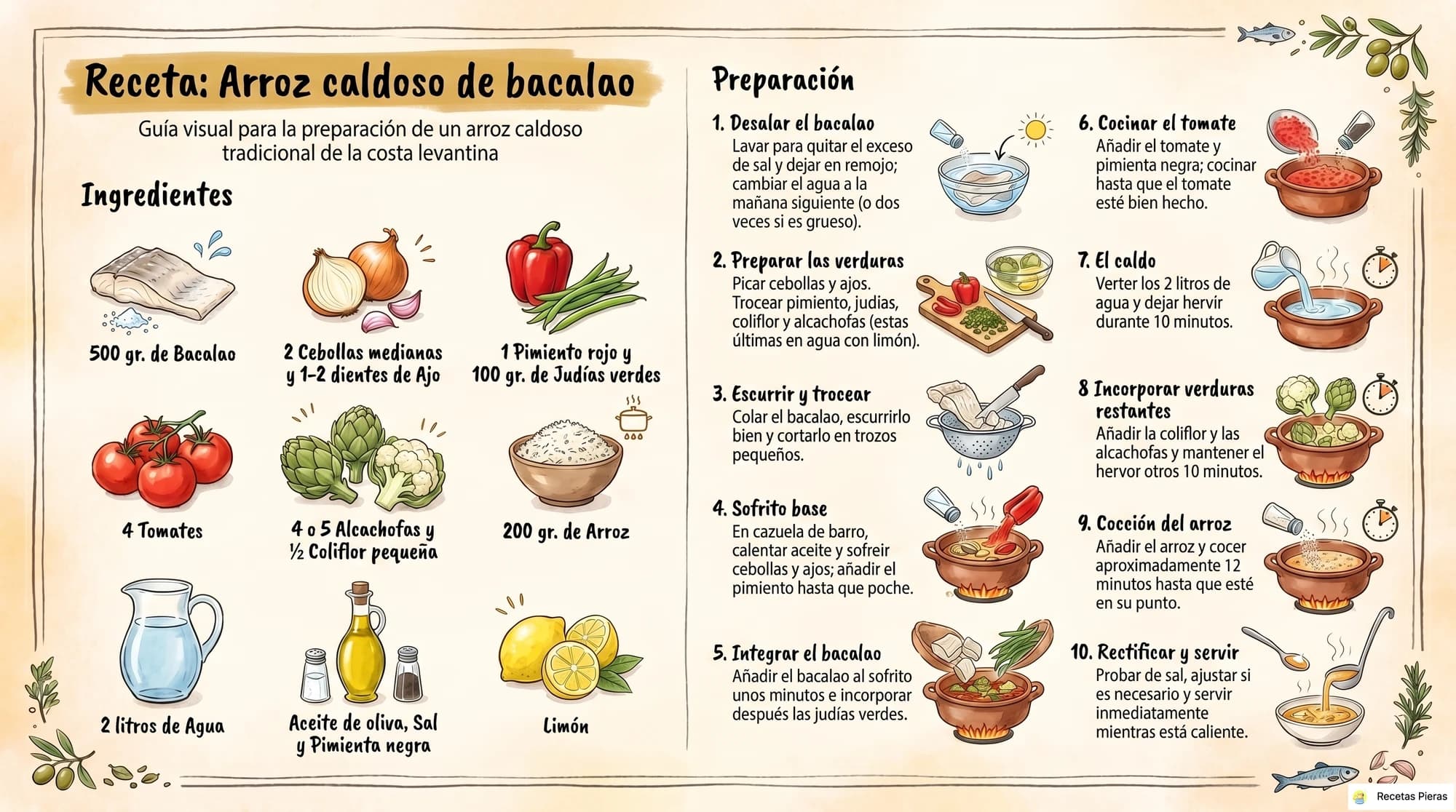 Infografía con los ingredientes y la preparación de Arroz caldoso de bacalao