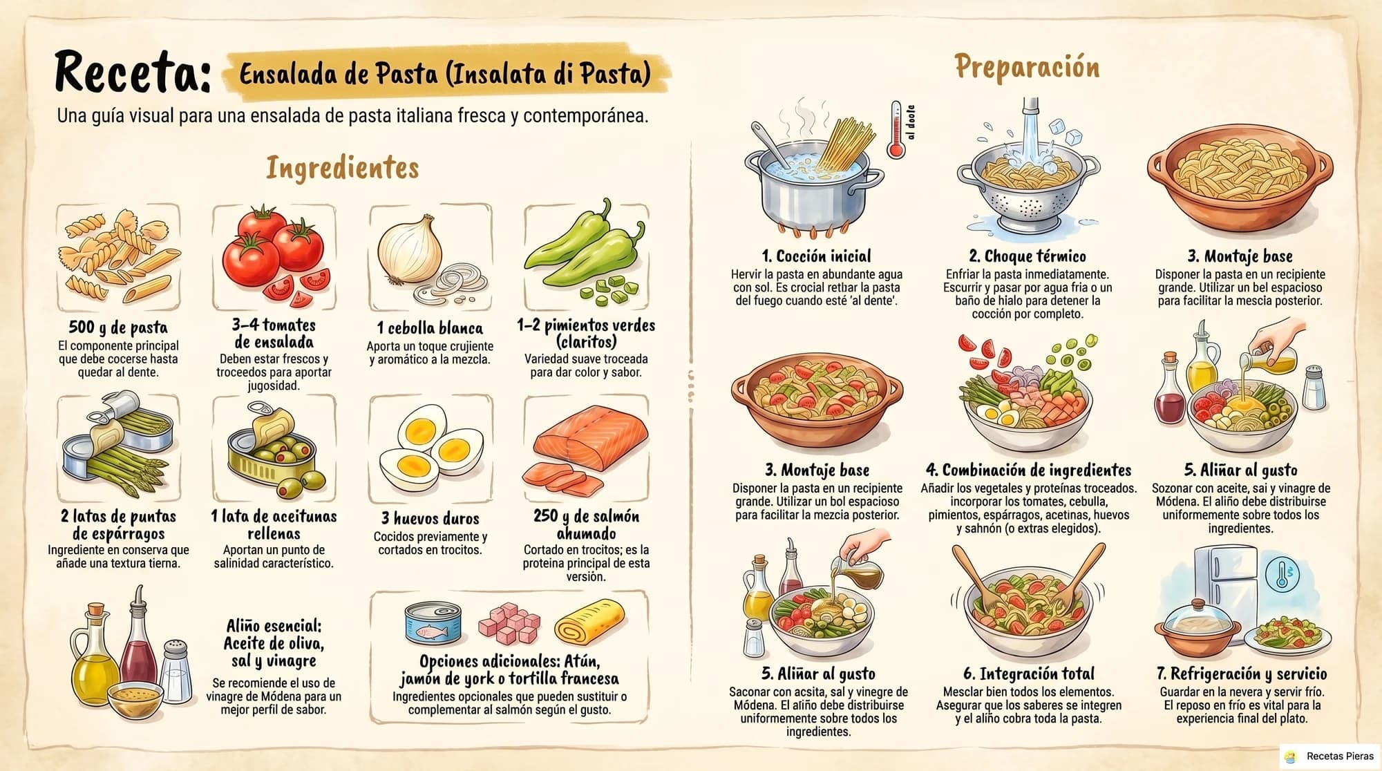 Infografía con los ingredientes y la preparación de Ensalada de pasta
