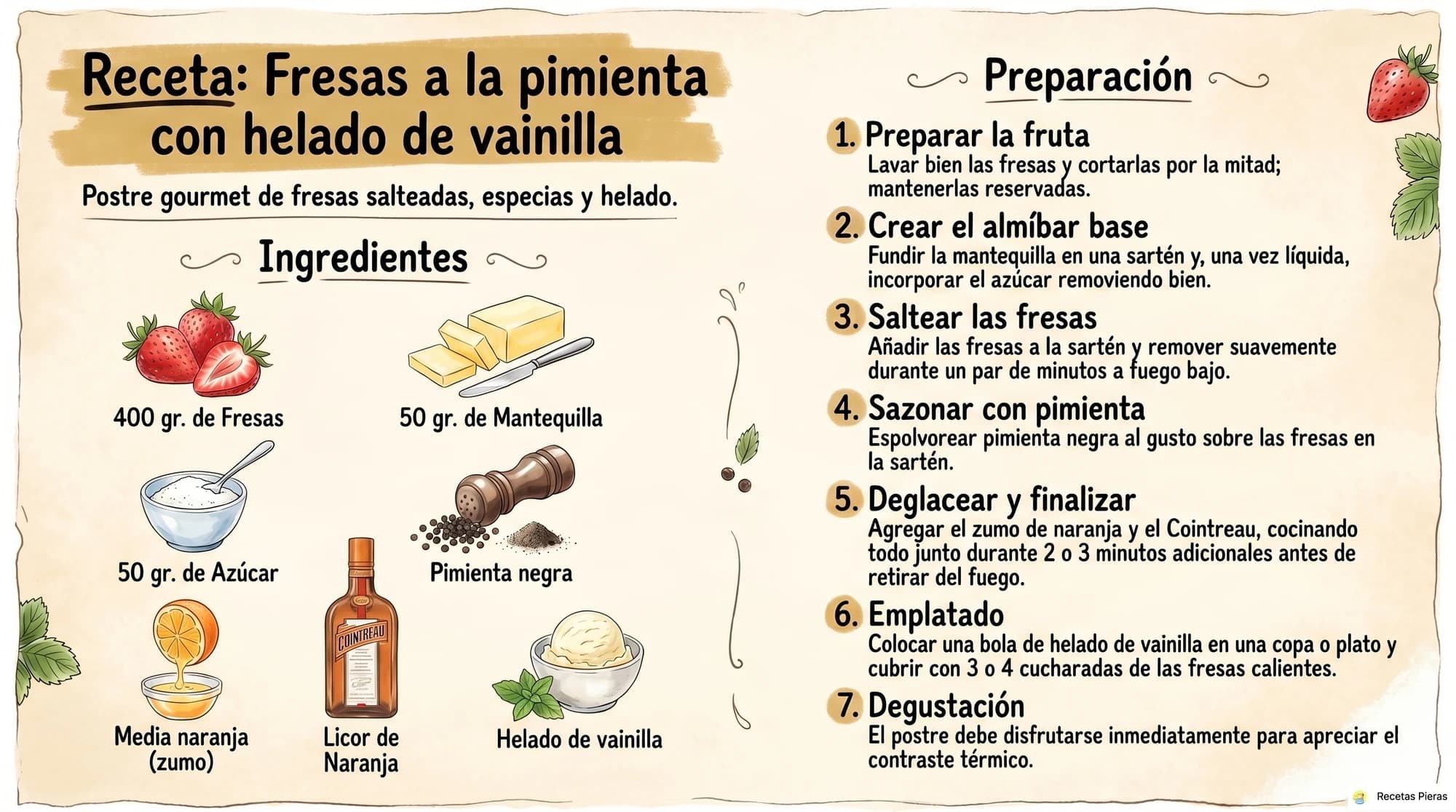 Infografía con los ingredientes y la preparación de Fresas a la pimienta con helado de vainilla