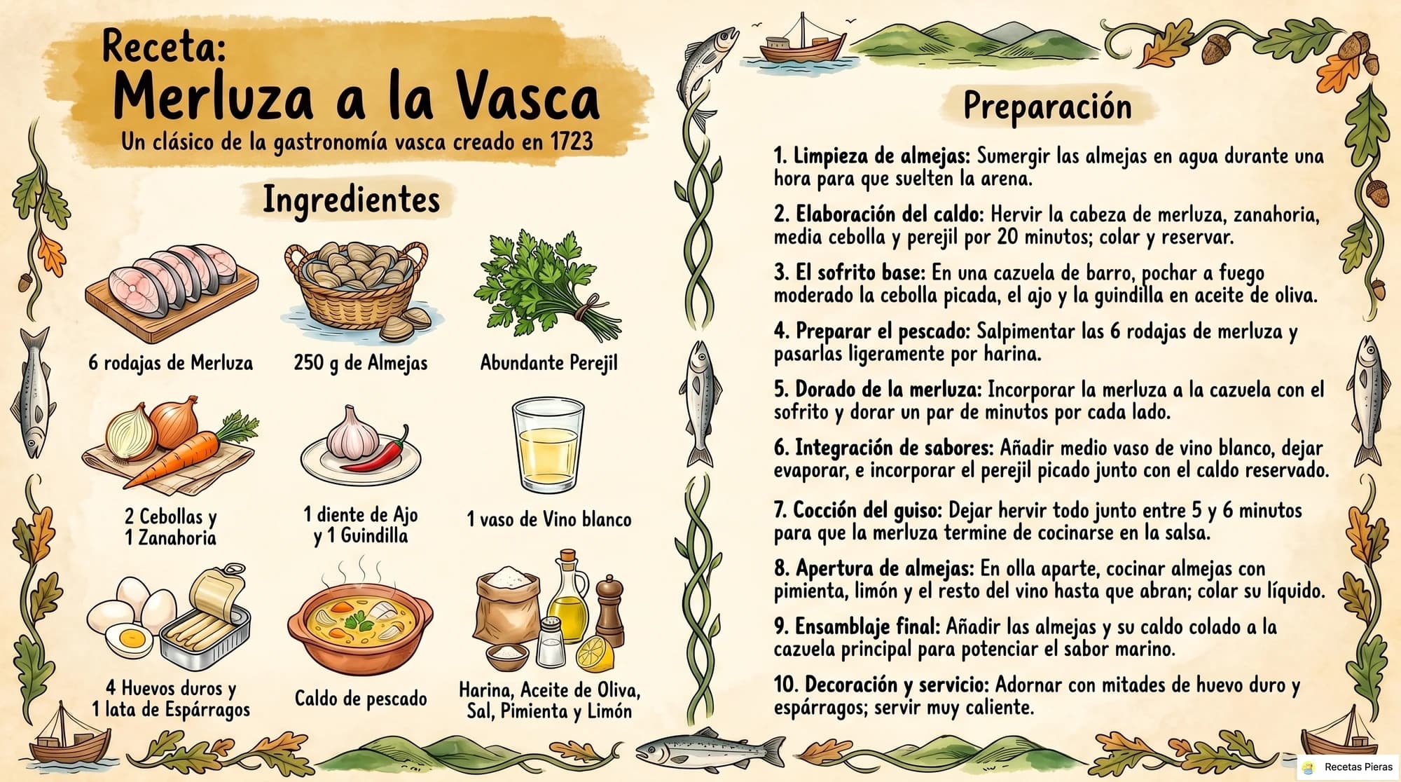 Infografía con los ingredientes y la preparación de Merluza a la vasca