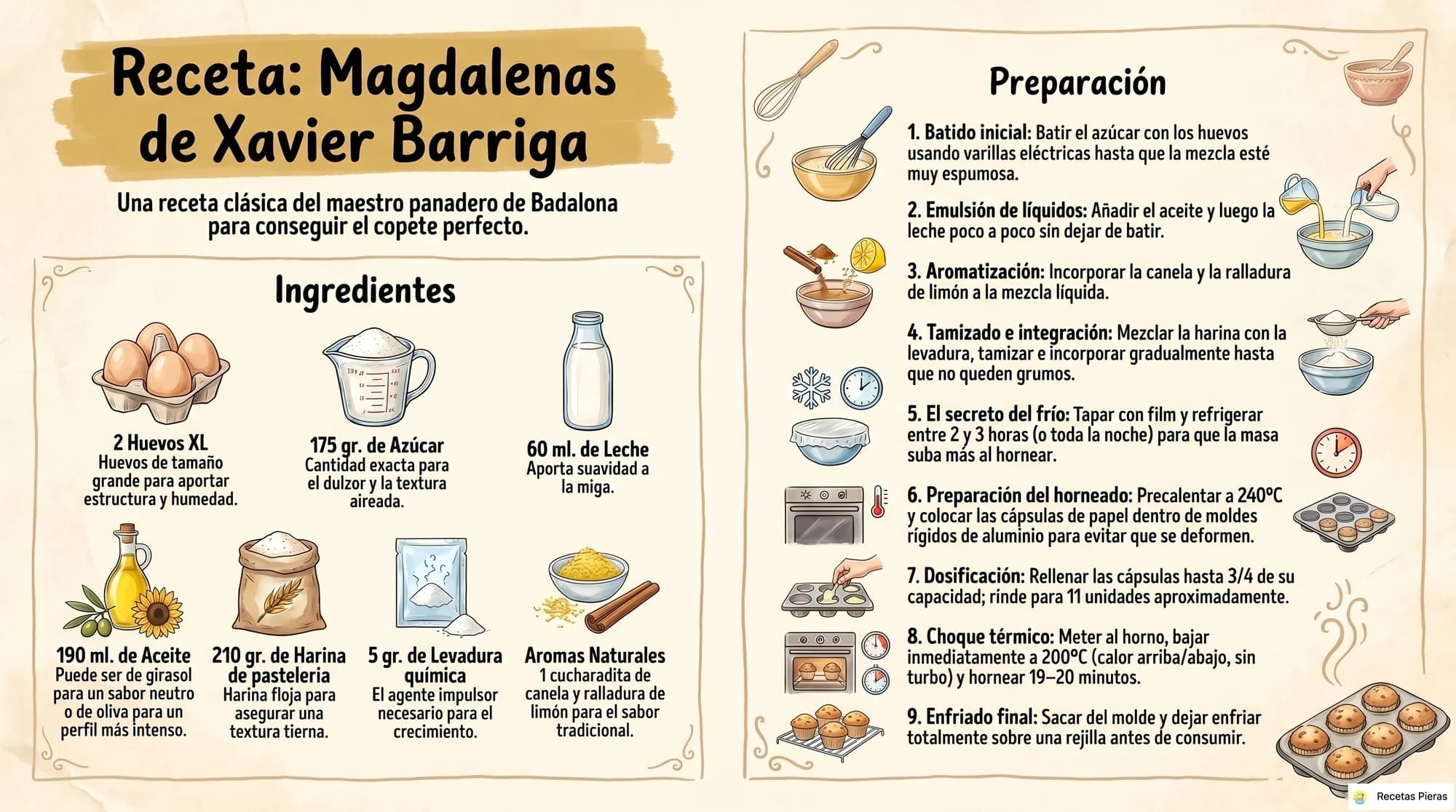 Infografía con los ingredientes y la preparación de Magdalenas de xavier barriga
