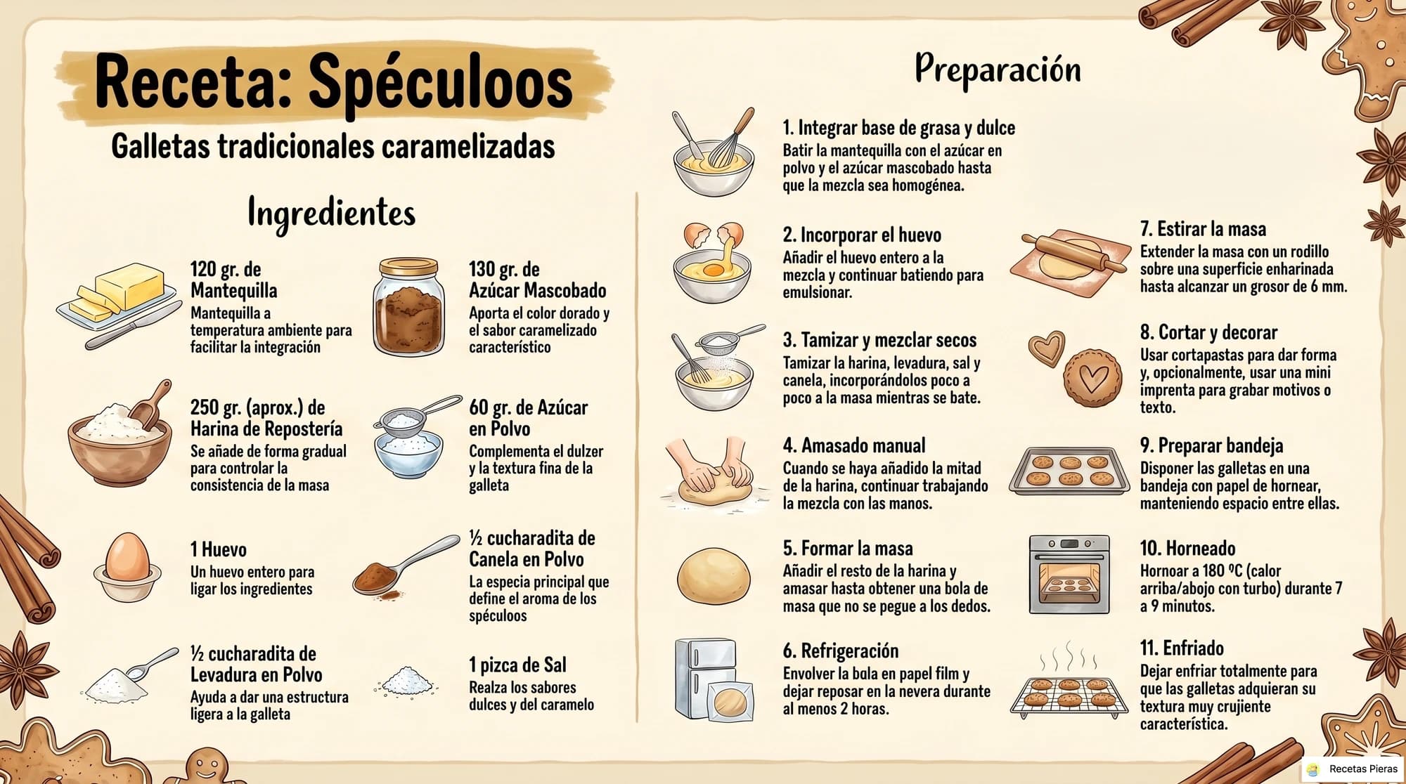 Infografía con los ingredientes y la preparación de «spéculoos» – galletas caramelizadas