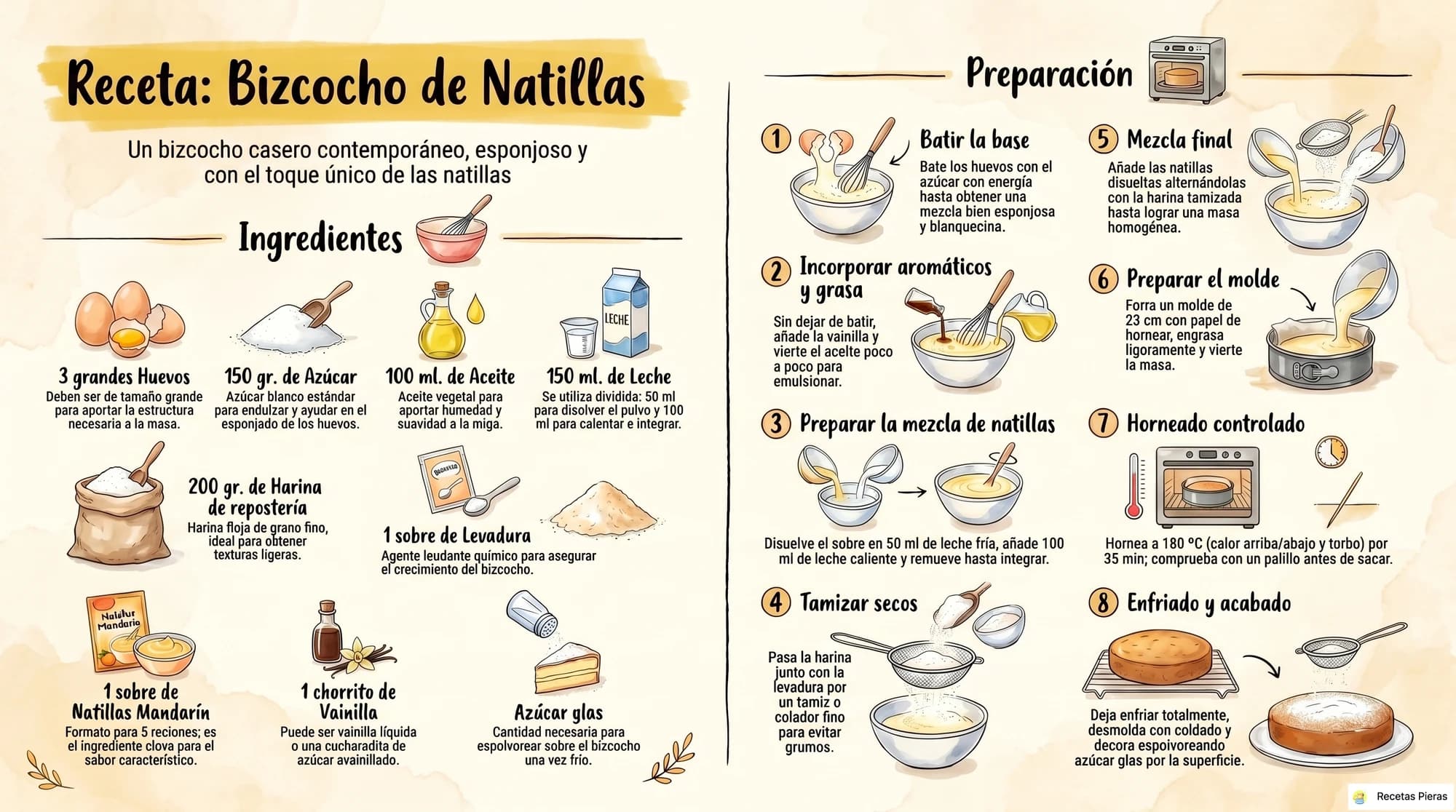 Infografía con los ingredientes y la preparación de Bizcocho de natillas