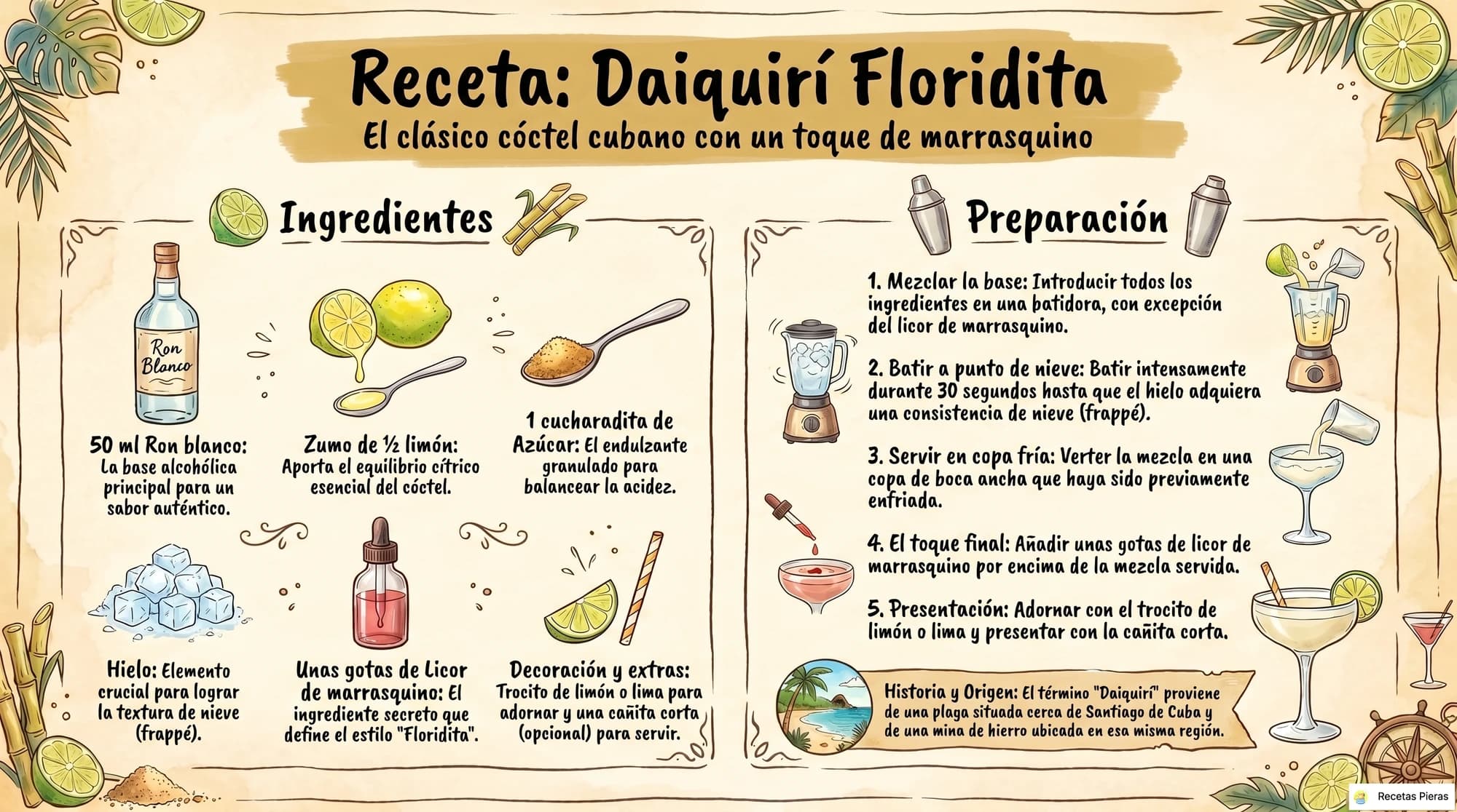 Infografía con los ingredientes y la preparación de Daiquirí floridita