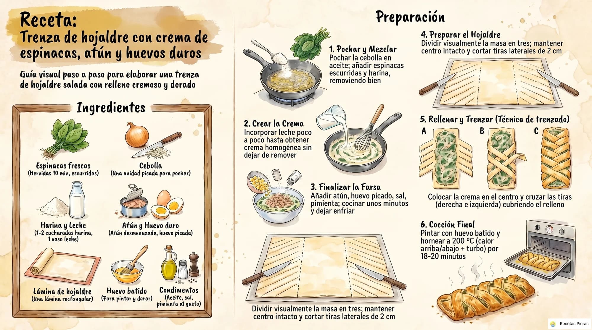 Infografía con los ingredientes y la preparación de Trenza de hojaldre con crema de espinacas, atún y huevos duros