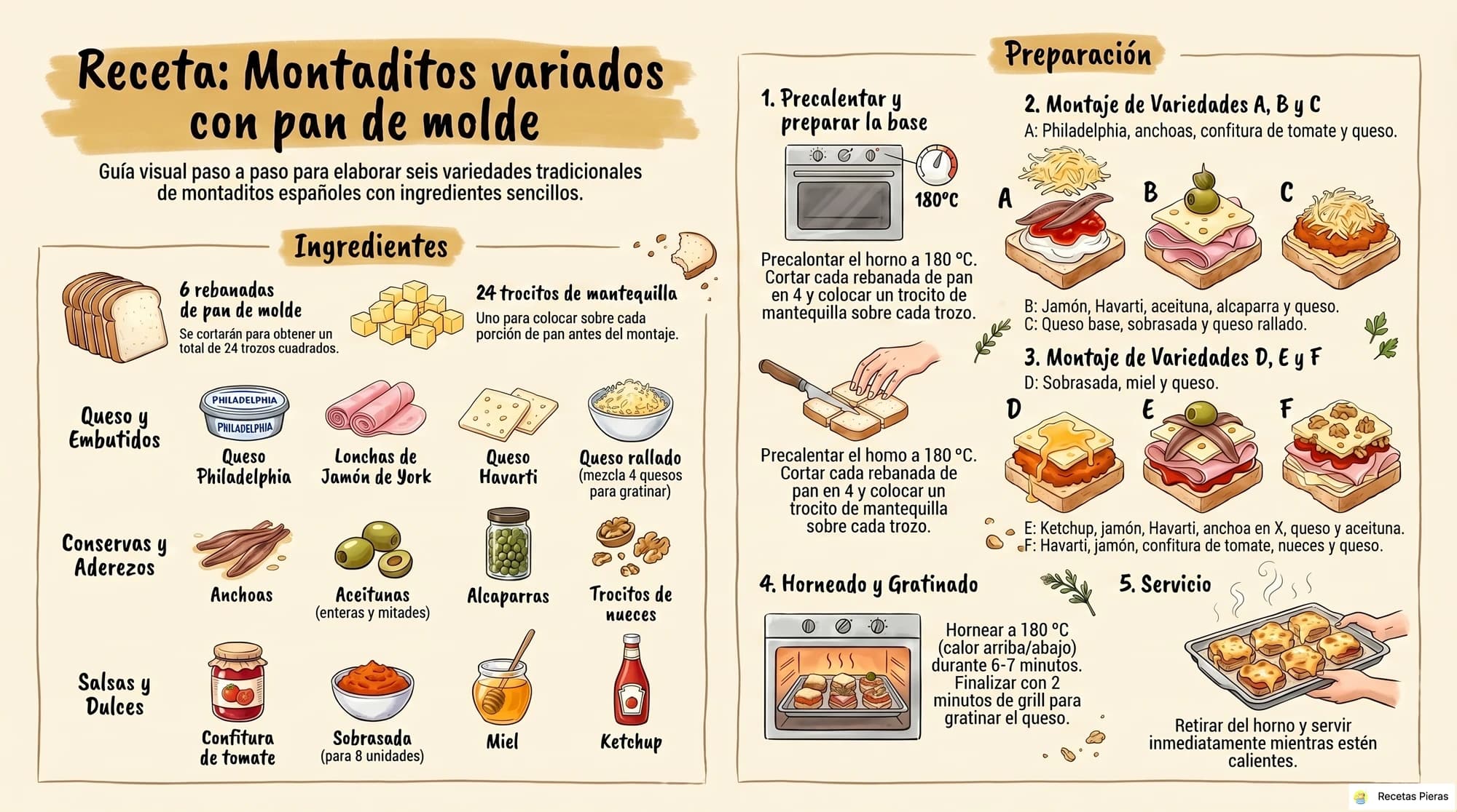 Infografía con los ingredientes y la preparación de Montaditos variados con pan de molde