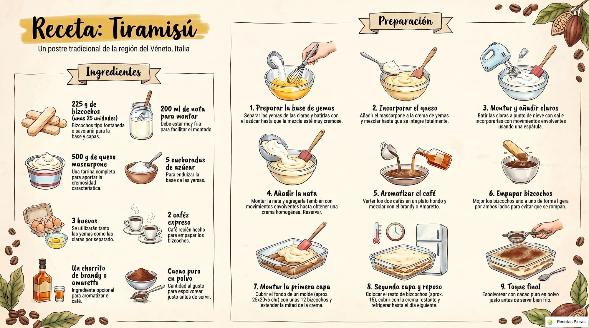 Infografía con los ingredientes y la preparación de Tiramisú