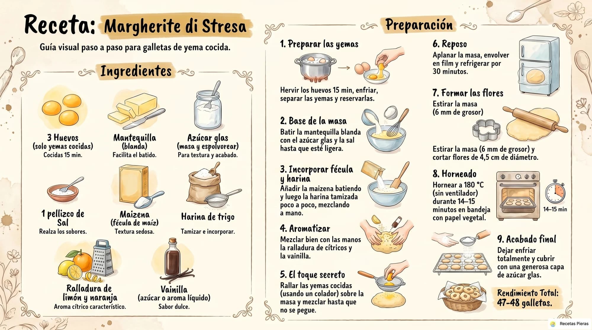 Infografía con los ingredientes y la preparación de Galletas italianas margherite di stresa