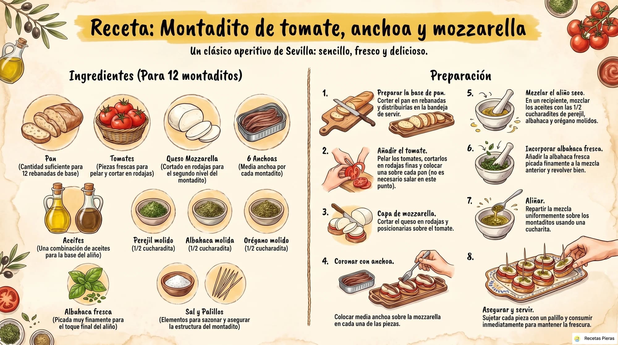 Infografía con los ingredientes y la preparación de Montadito de tomate, anchoa y mozzarella