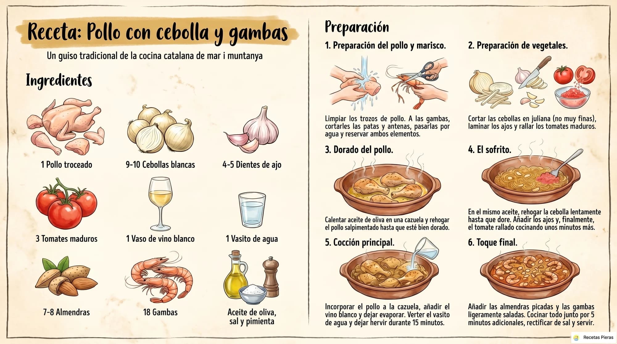 Infografía con los ingredientes y la preparación de Pollo con cebolla y gambas
