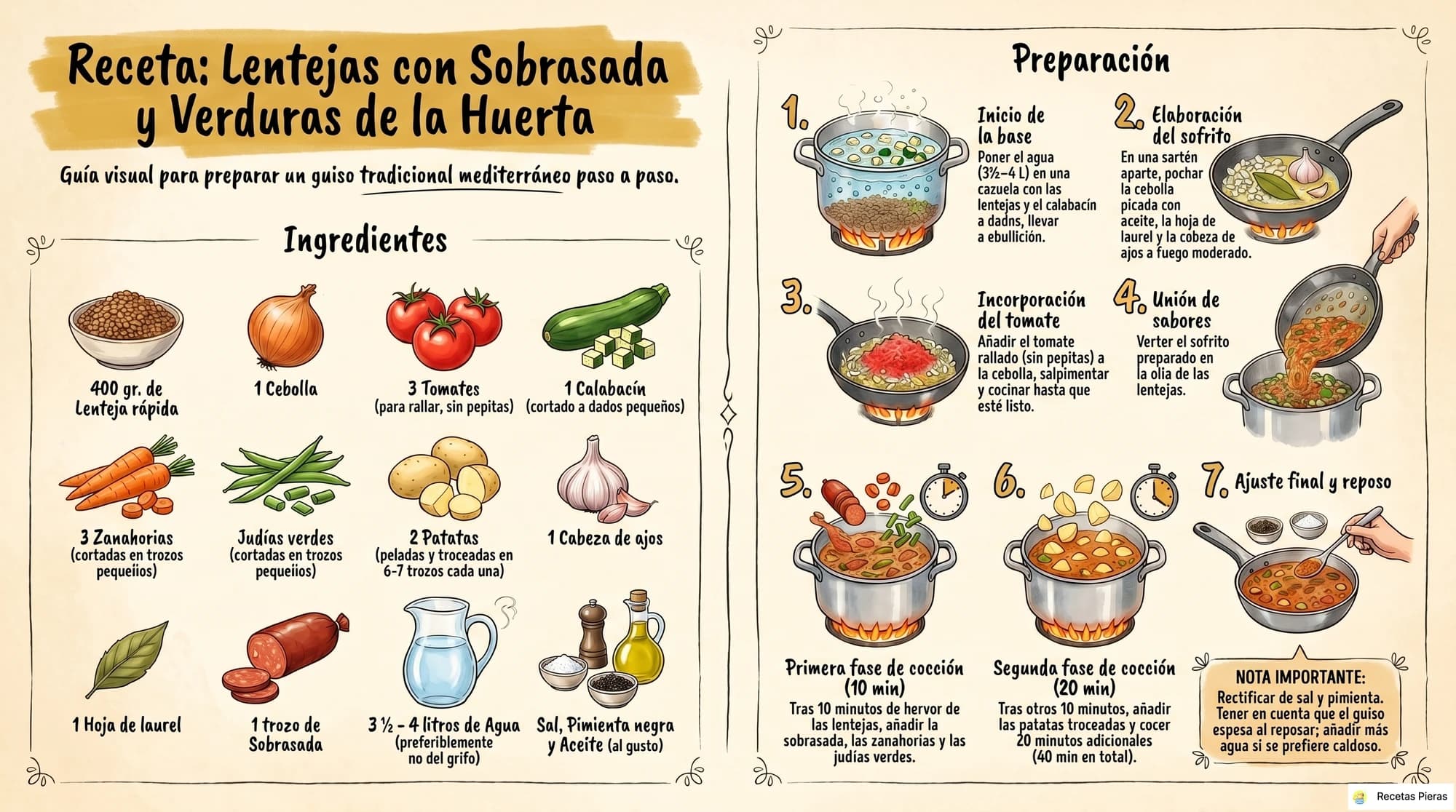 Infografía con los ingredientes y la preparación de Lentejas