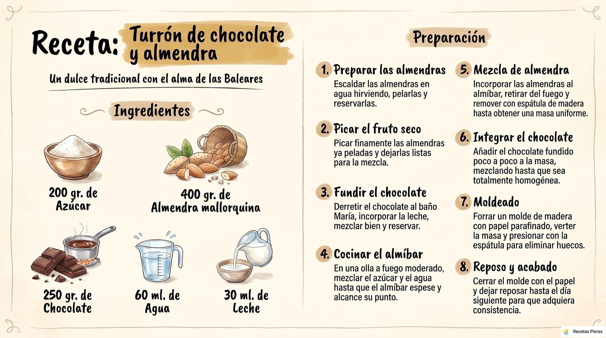 Infografía con los ingredientes y la preparación de Turrón de chocolate y almendra