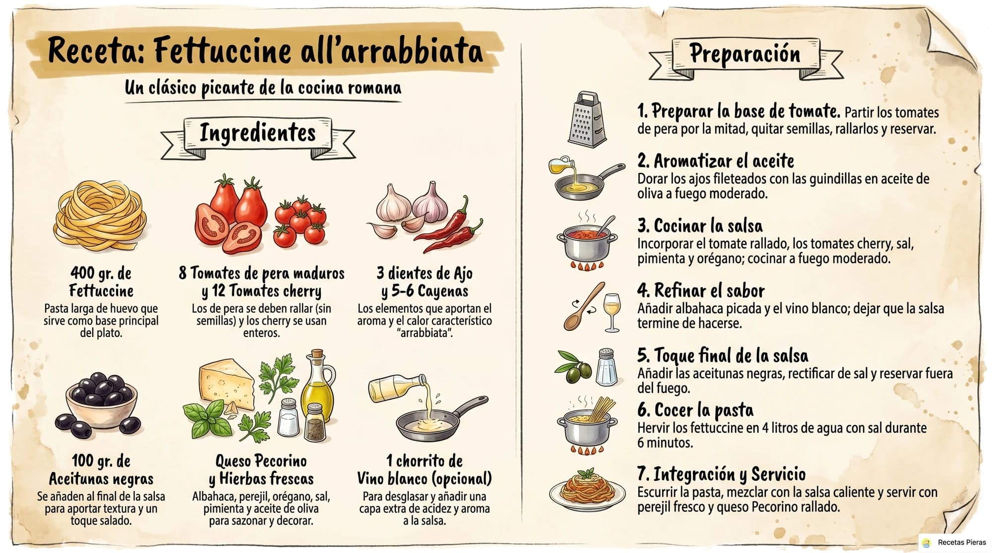 Infografía con los ingredientes y la preparación de Fettuccine all’arrabbiata