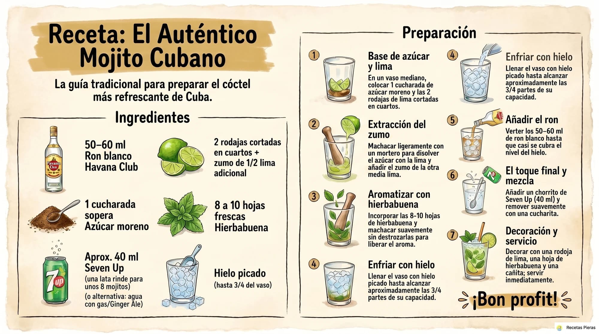 Infografía con los ingredientes y la preparación de Mojitos