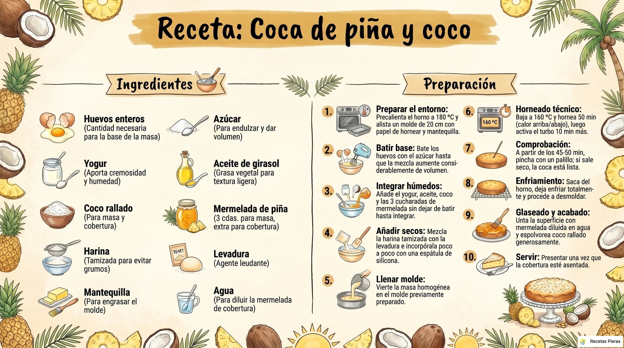 Infografía con los ingredientes y la preparación de Coca de piña y coco