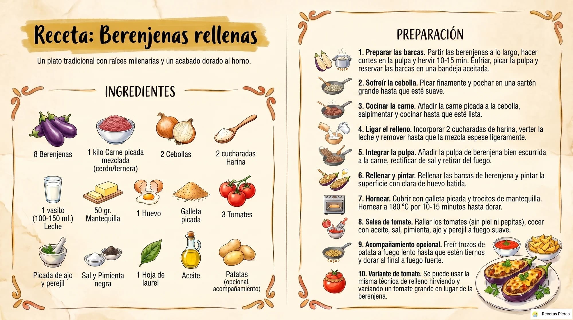 Infografía con los ingredientes y la preparación de Berenjenas rellenas (i)