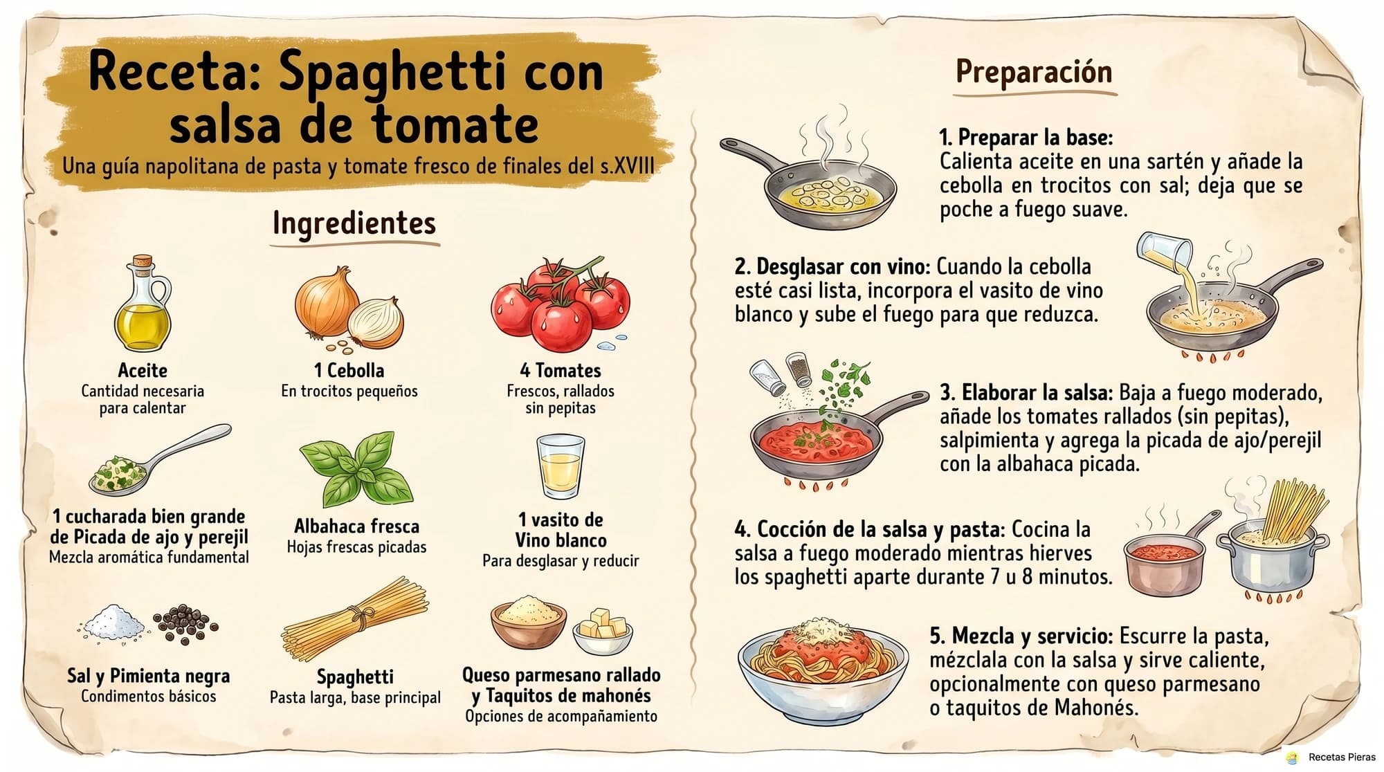 Infografía con los ingredientes y la preparación de Spaghetti con salsa de tomate