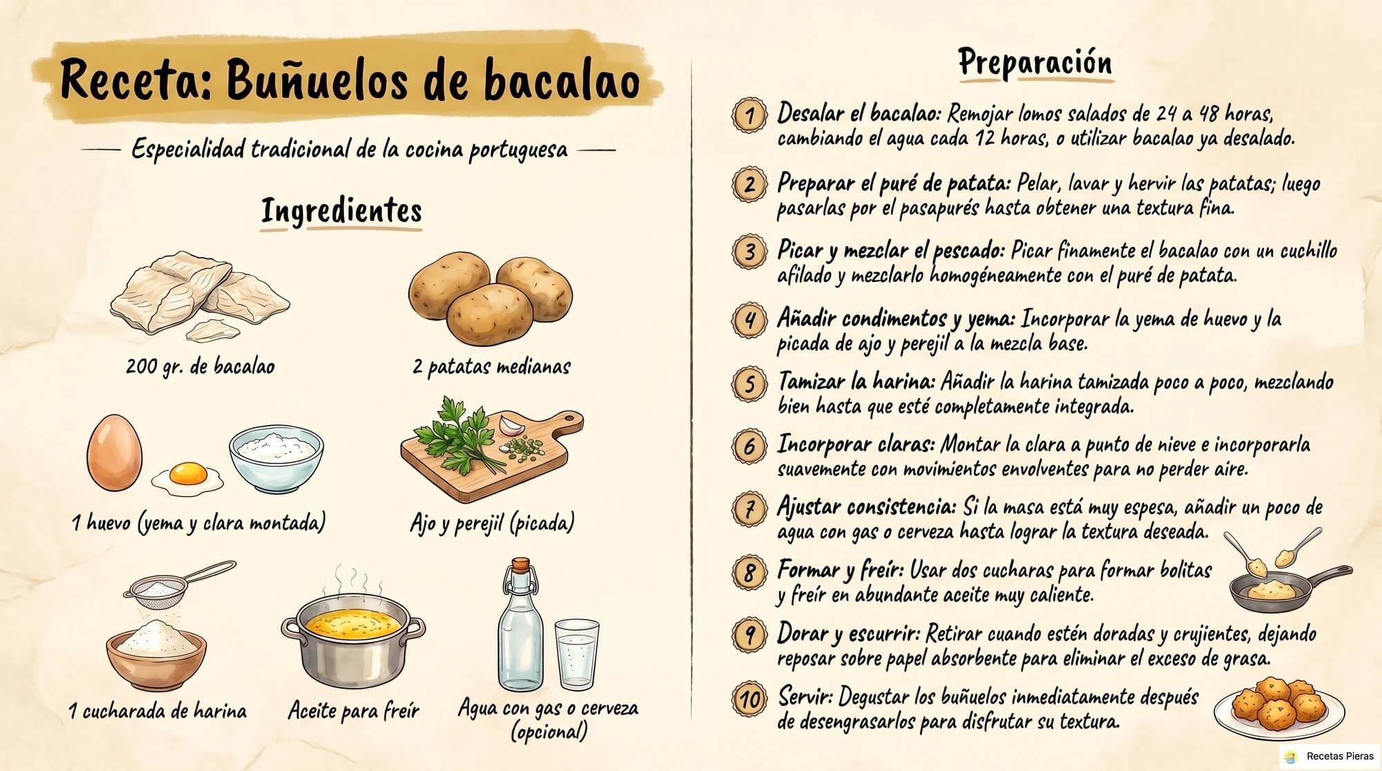 Infografía con los ingredientes y la preparación de Buñuelos de bacalao