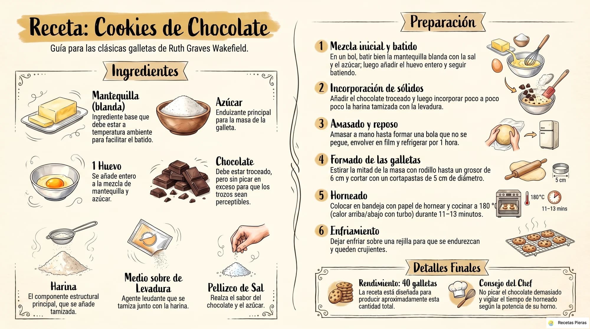 Infografía con los ingredientes y la preparación de Cookies de chocolate