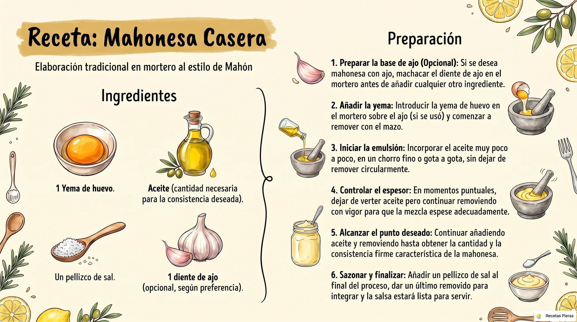 Infografía con los ingredientes y la preparación de Mahonesa casera