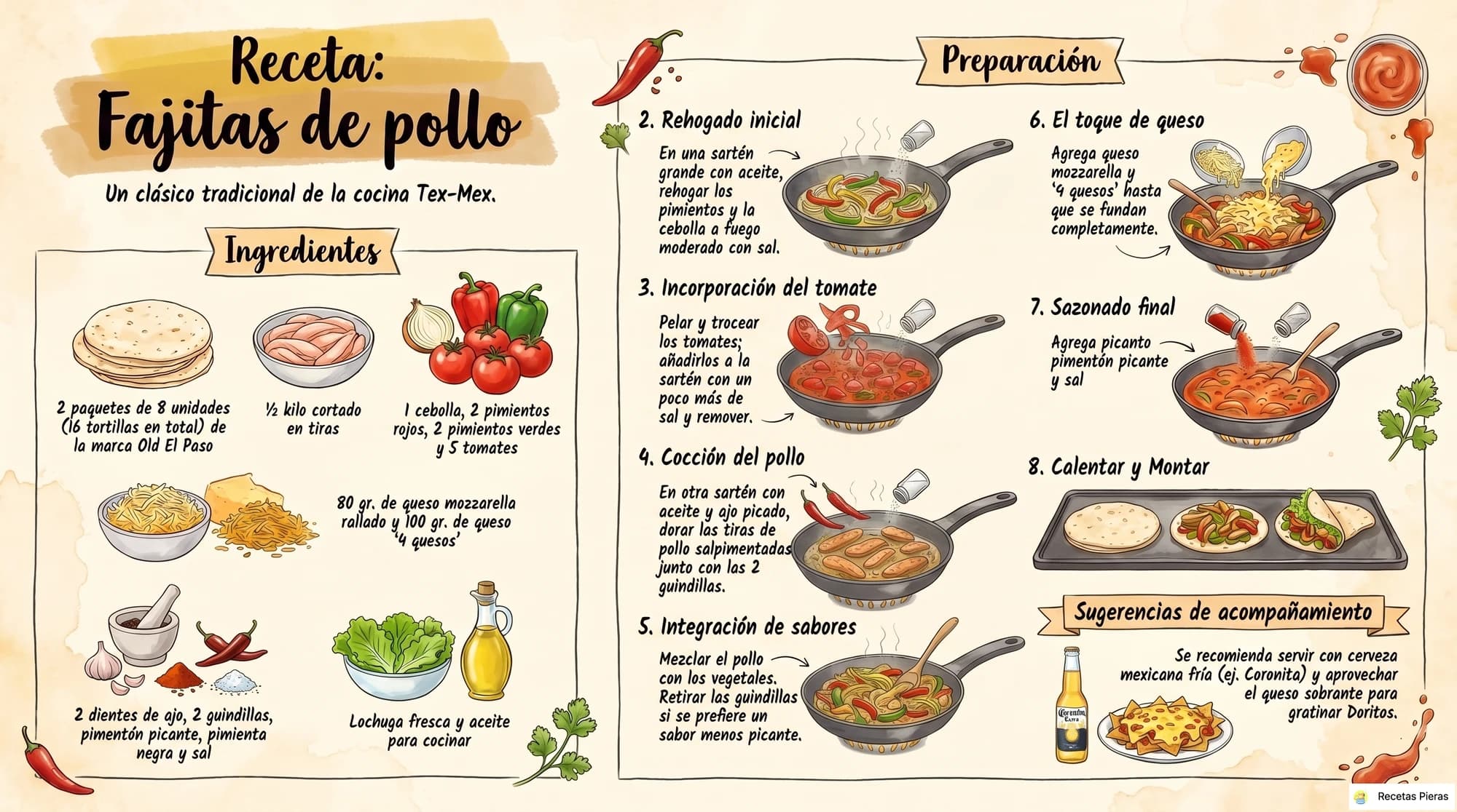 Infografía con los ingredientes y la preparación de Fajitas de pollo (i)