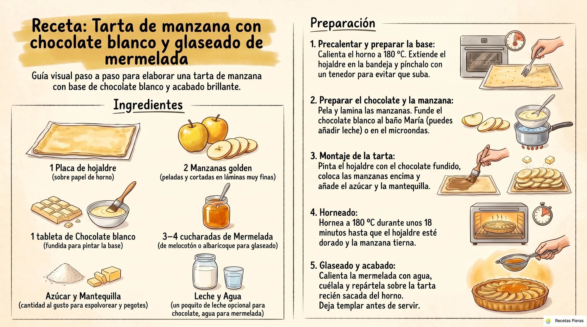 Infografía con los ingredientes y la preparación de Tarta de manzana