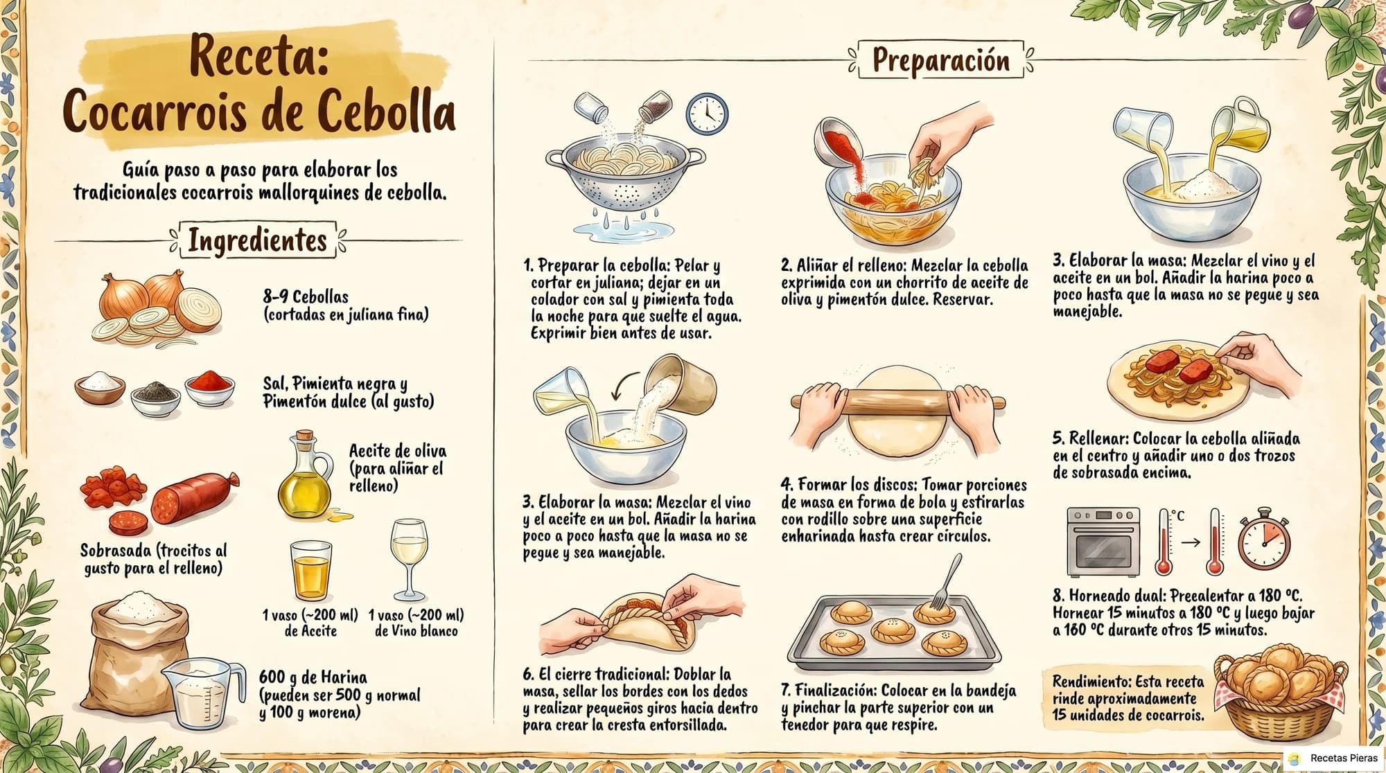 Infografía con los ingredientes y la preparación de Cocarrois de cebolla