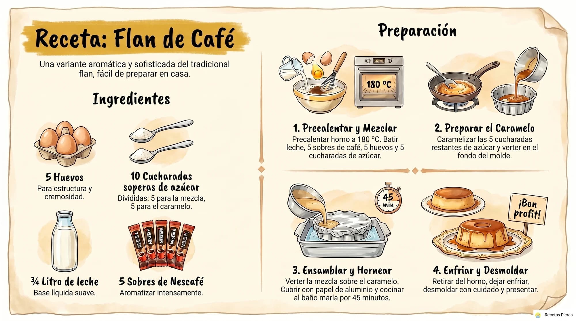 Infografía con los ingredientes y la preparación de Flan de café