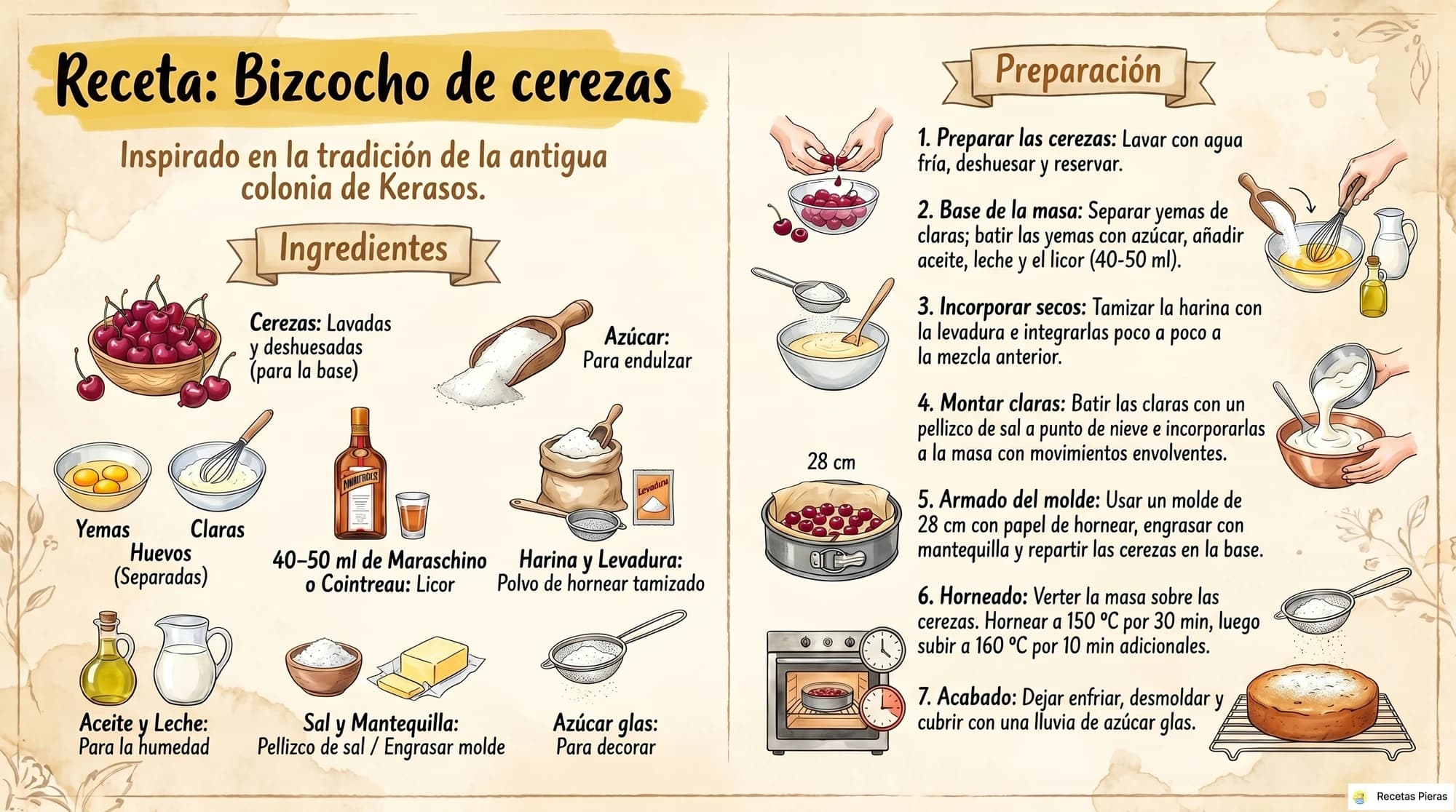 Infografía con los ingredientes y la preparación de Bizcocho de cerezas