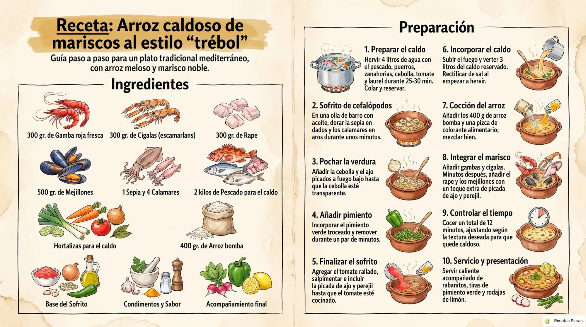 Infografía con los ingredientes y la preparación de Arroz caldoso de mariscos al estilo “trébol”
