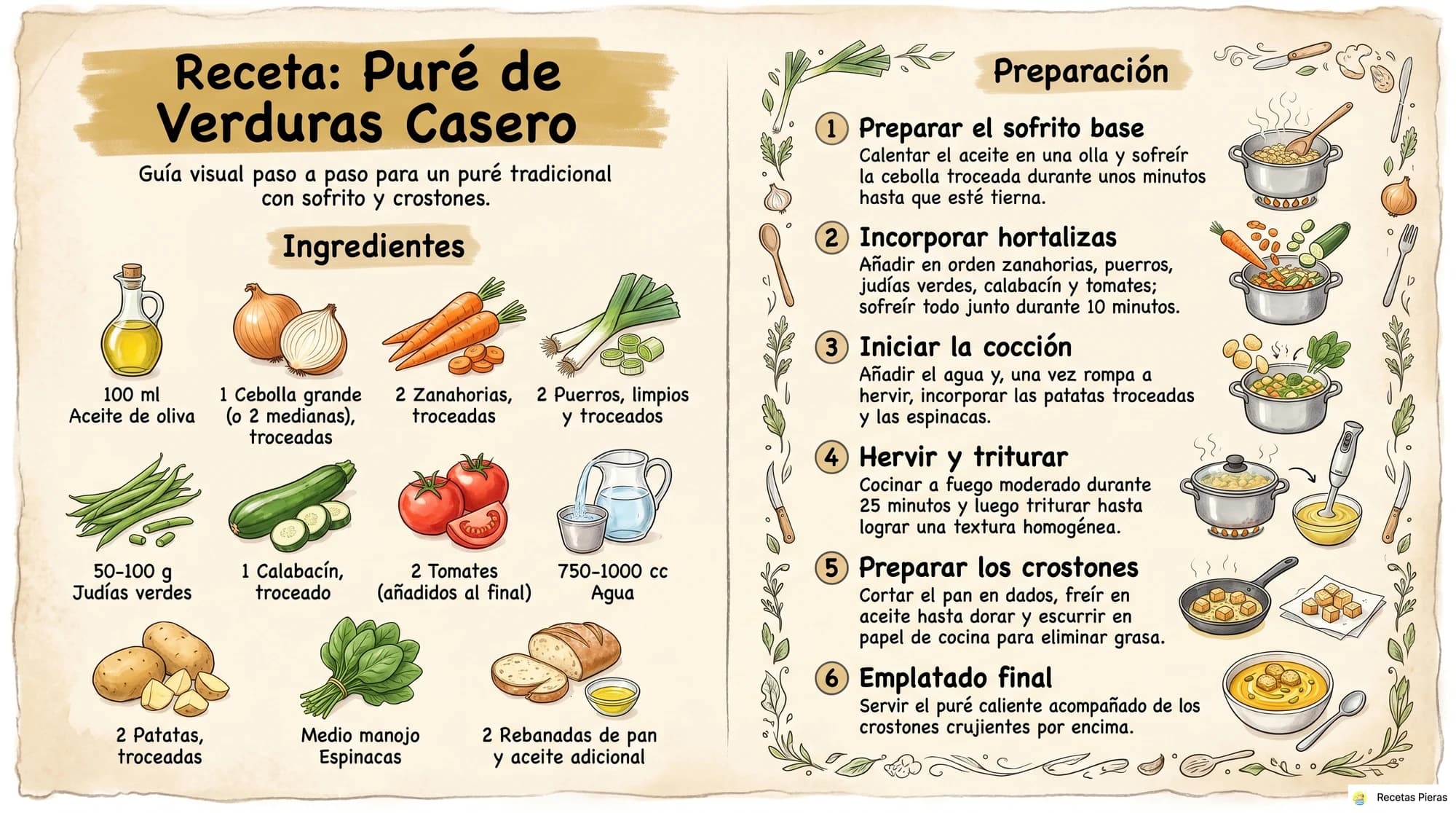 Infografía con los ingredientes y la preparación de Puré de verduras