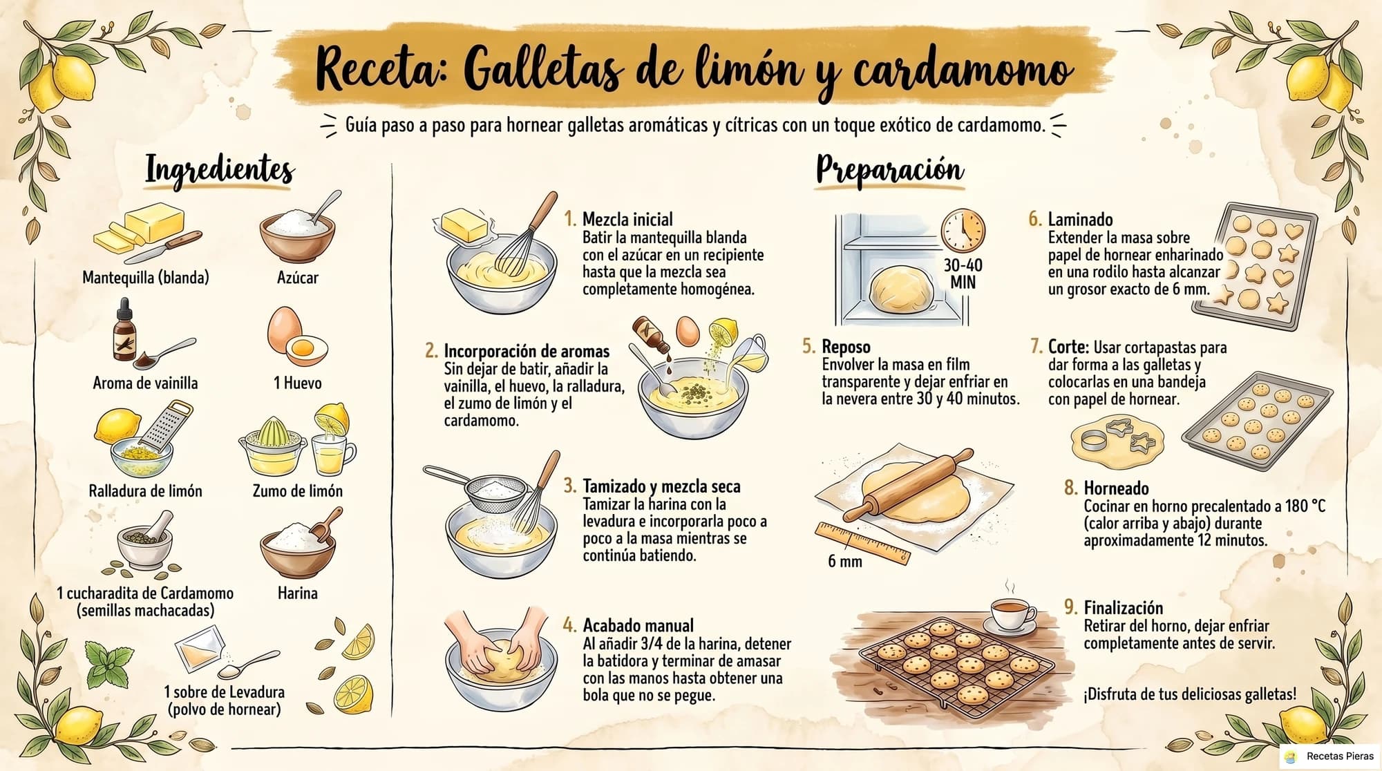 Infografía con los ingredientes y la preparación de Galletas de limón y cardamomo