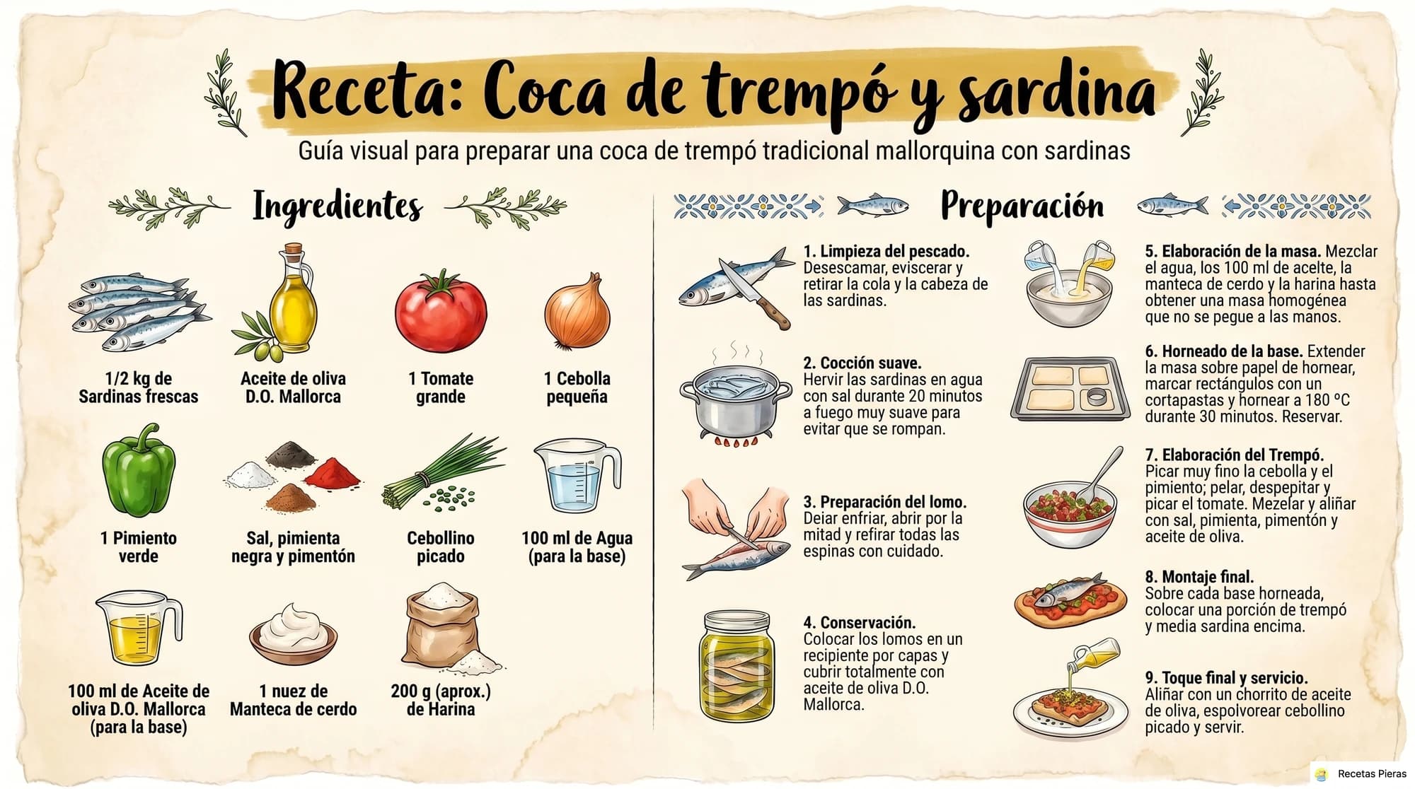 Infografía con los ingredientes y la preparación de Coca de trempó y sardina