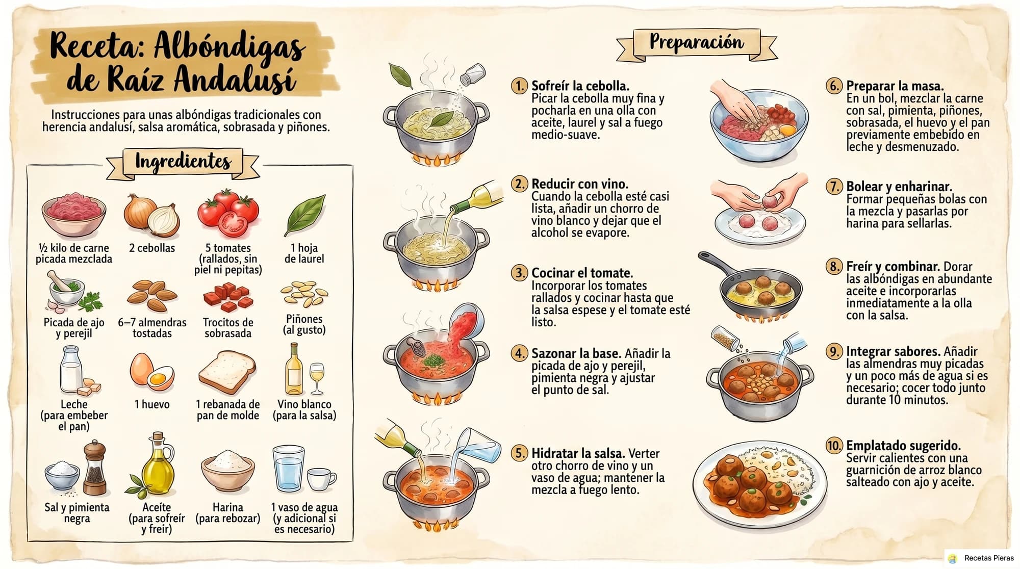 Infografía con los ingredientes y la preparación de Albóndigas