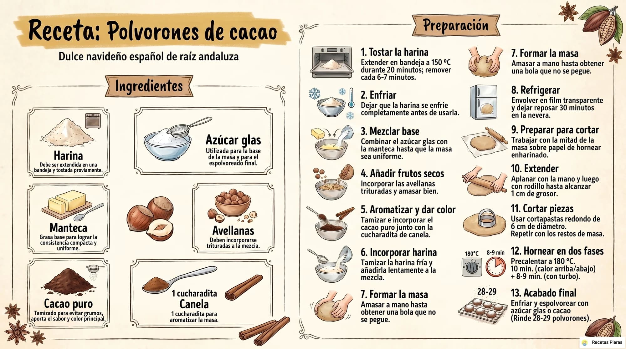 Infografía con los ingredientes y la preparación de Polvorones de cacao