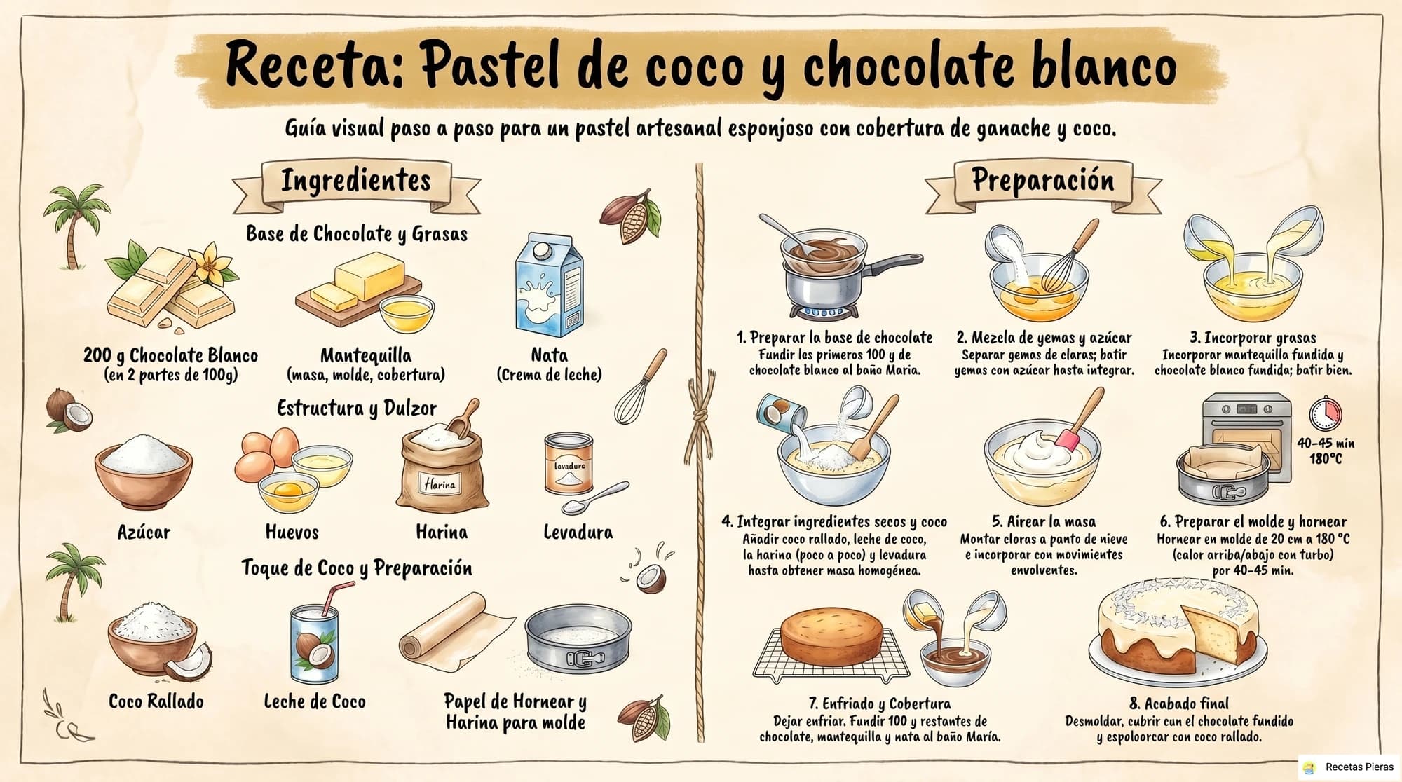 Infografía con los ingredientes y la preparación de Pastel de coco y chocolate blanco