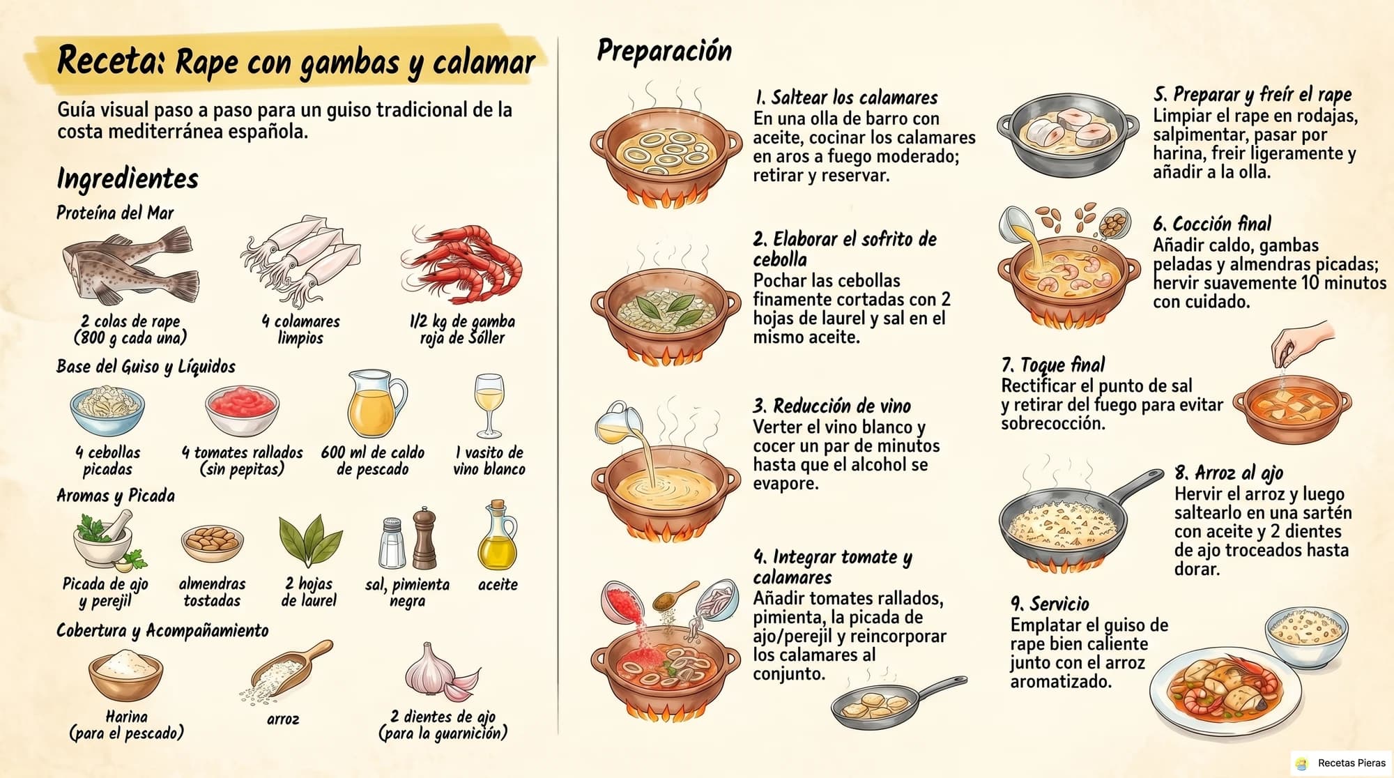 Infografía con los ingredientes y la preparación de Rape con gambas y calamar