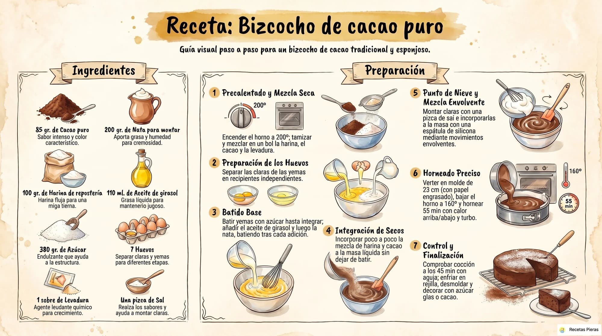 Infografía con los ingredientes y la preparación de Bizcocho de cacao puro