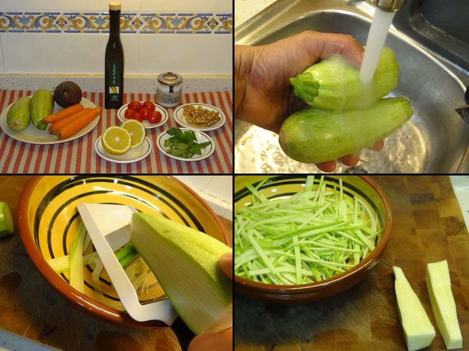 Spaghetti de calabacín y zanahorias con pesto de aguacate
