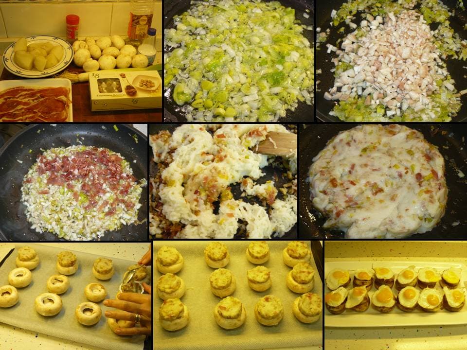 Champiñones rellenos de patata, jamón y huevos de codorniz