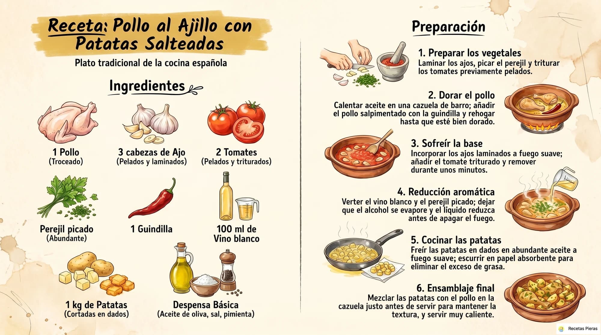 Infografía con los ingredientes y la preparación de Pollo al ajillo