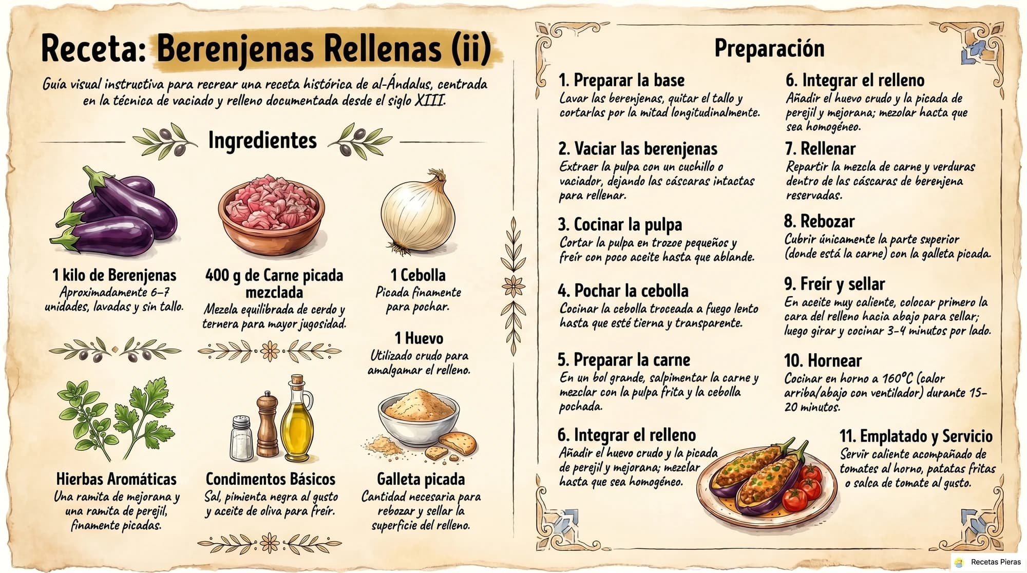 Infografía con los ingredientes y la preparación de Berenjenas rellenas (ii)