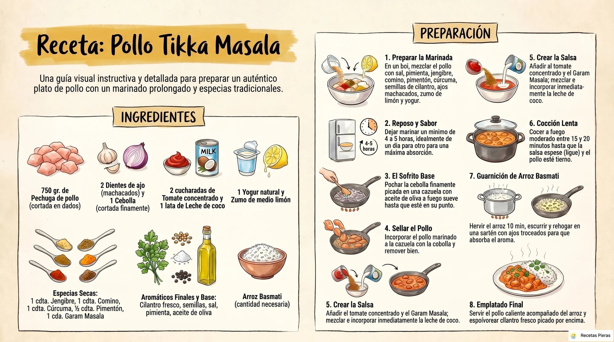 Infografía con los ingredientes y la preparación de Pollo tikka masala