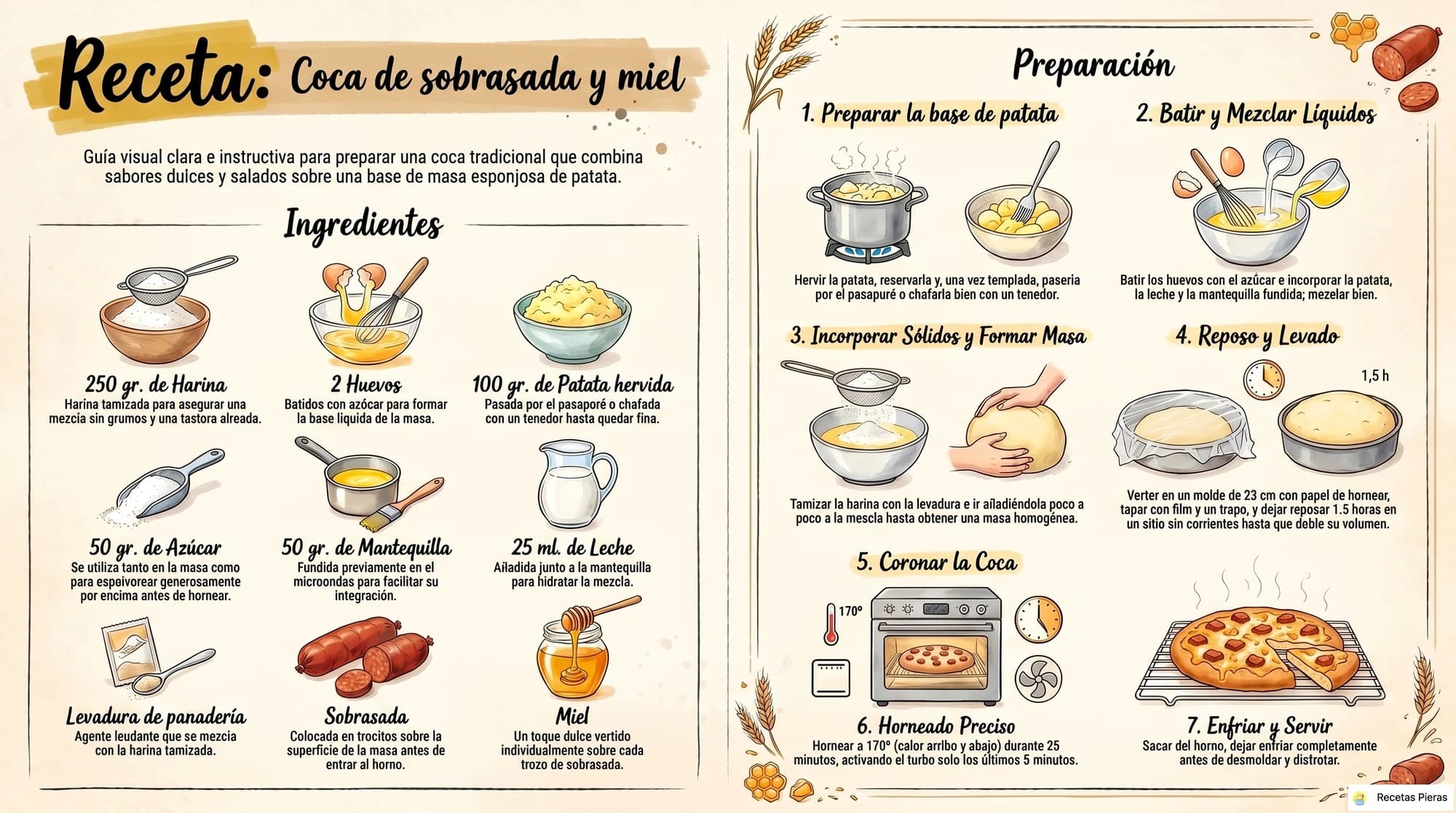 Infografía con los ingredientes y la preparación de Coca de sobrasada y miel