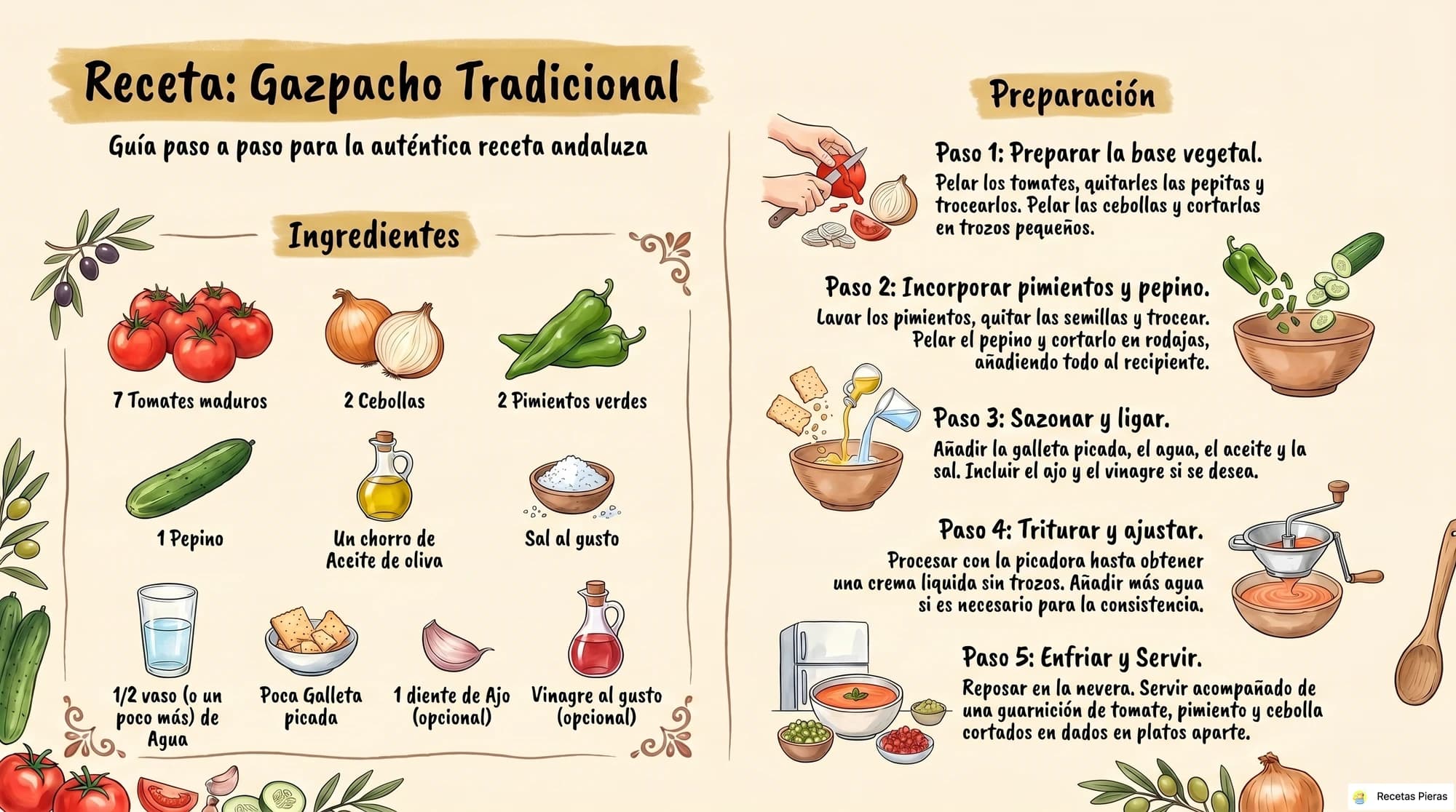 Infografía con los ingredientes y la preparación de Gazpacho