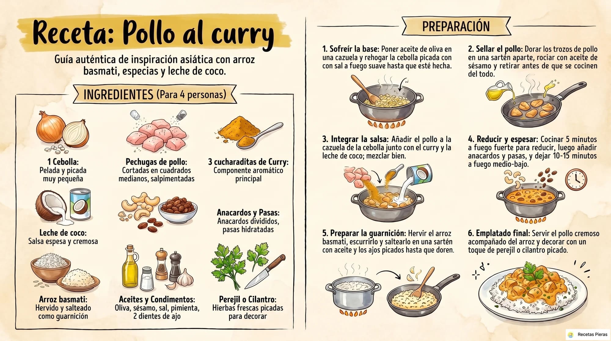 Infografía con los ingredientes y la preparación de Pollo al curry