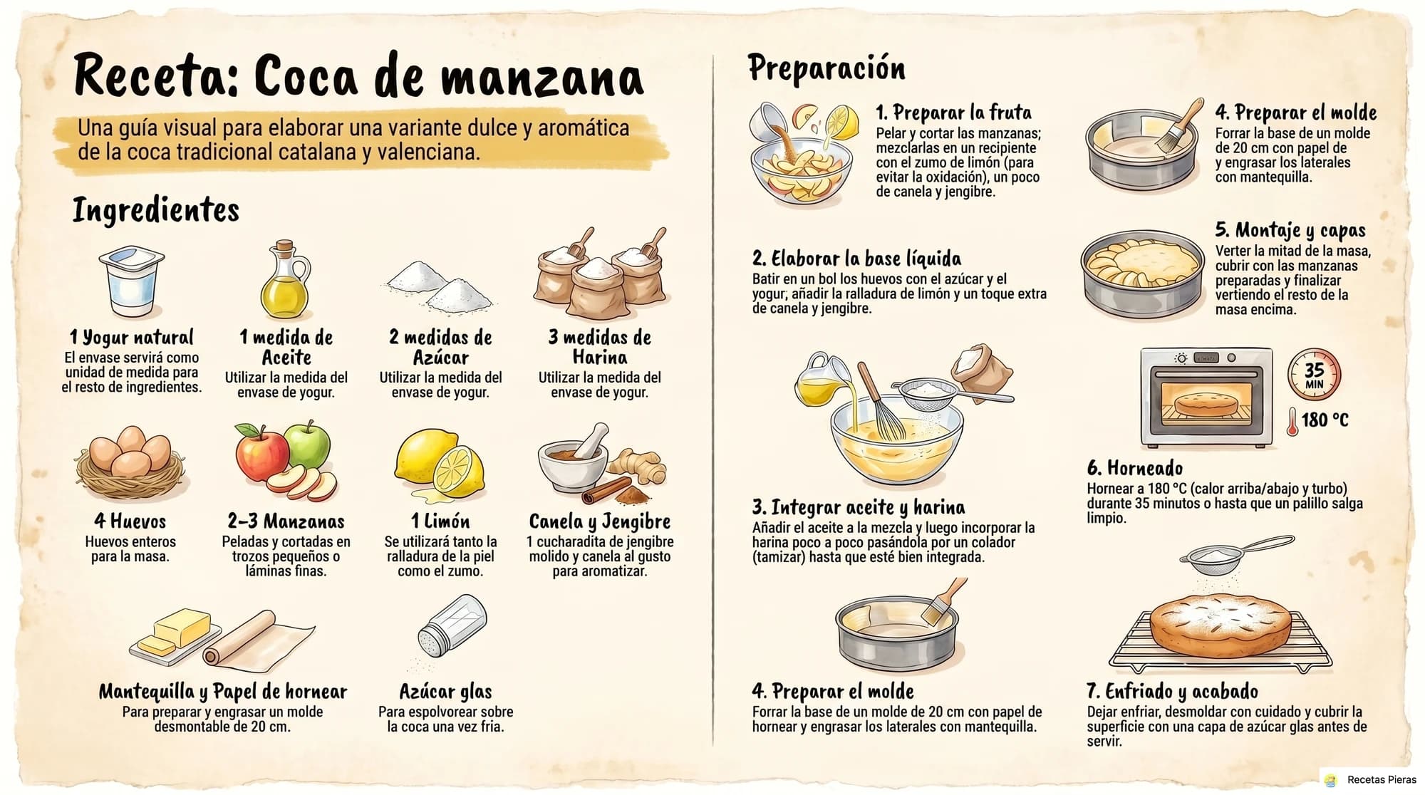 Infografía con los ingredientes y la preparación de Coca de manzana