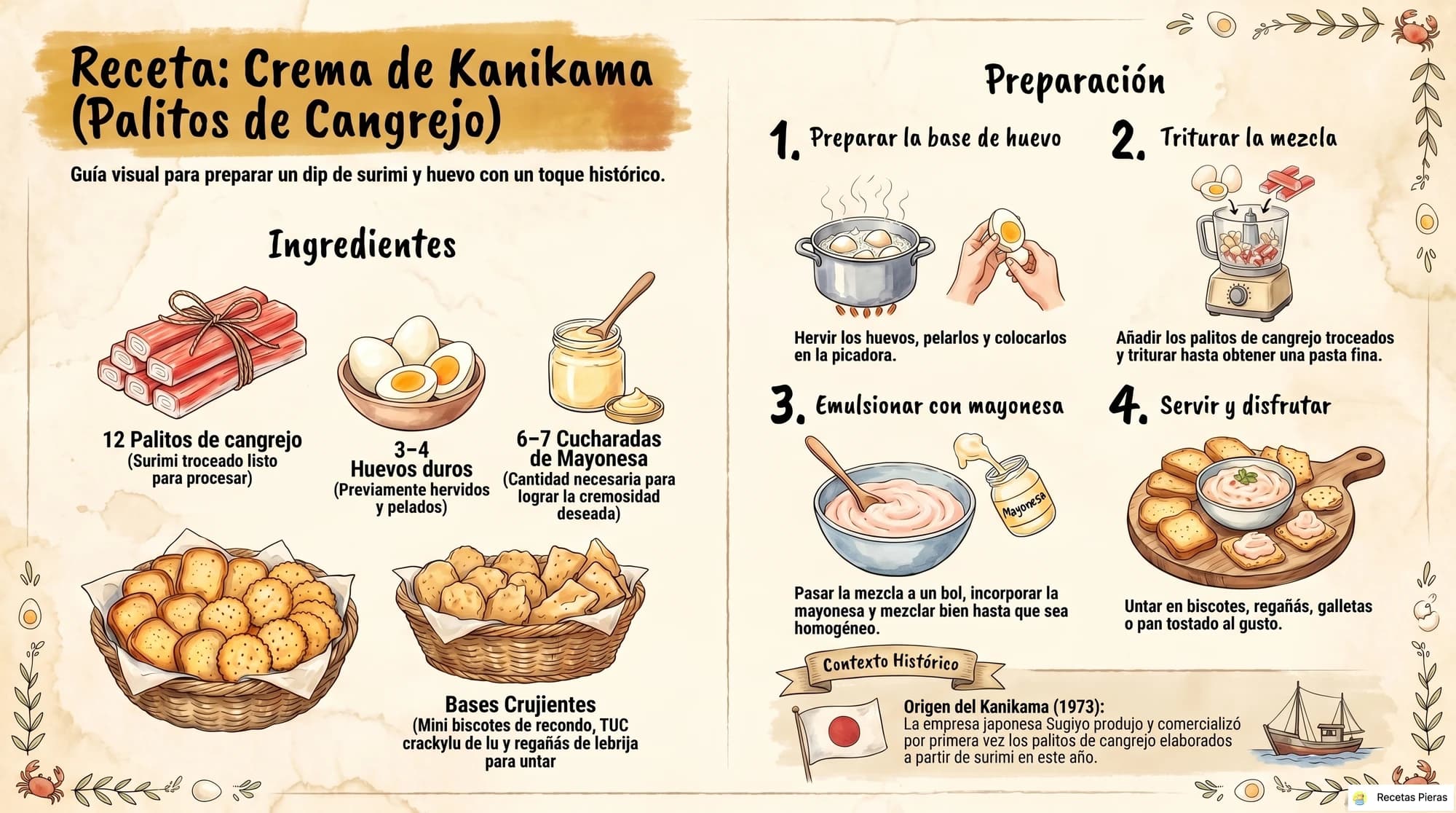 Infografía con los ingredientes y la preparación de Palitos de cangrejo con huevos duros y mayonesa